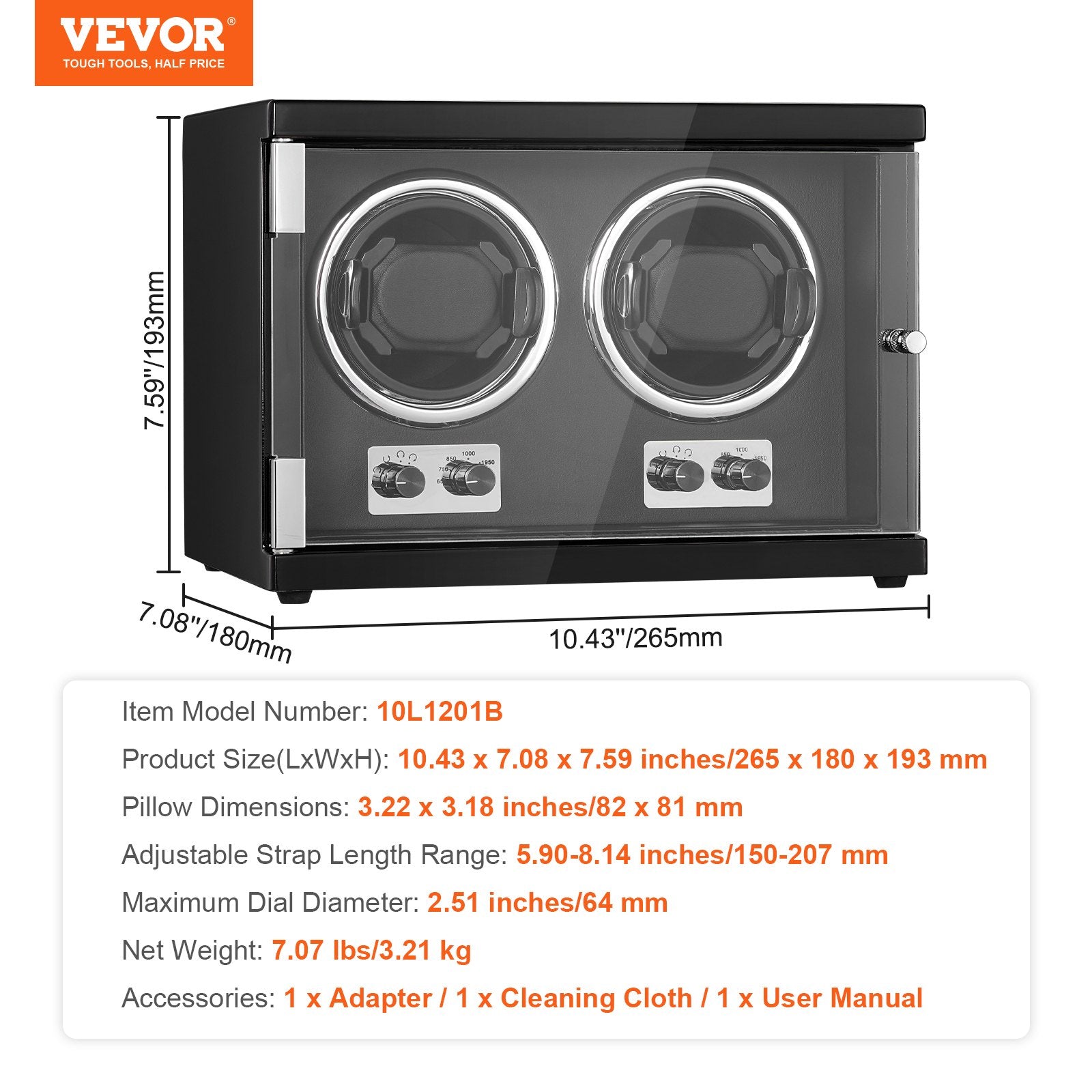 VEVOR Watch Winder, Dual Watch Winder for Men's and Women's Automatic Watch, with 2 Super Quiet Japanese Mabuchi Motors, Blue LED Light and Adapter, High-Density Board Shell and Black PU 7