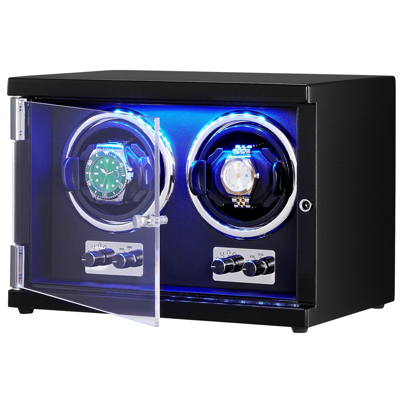VEVOR Watch Winder, Dual Watch Winder for Men's and Women's Automatic Watch, with 2 Super Quiet Japanese Mabuchi Motors, Blue LED Light and Adapter, High-Density Board Shell and Black PU 11