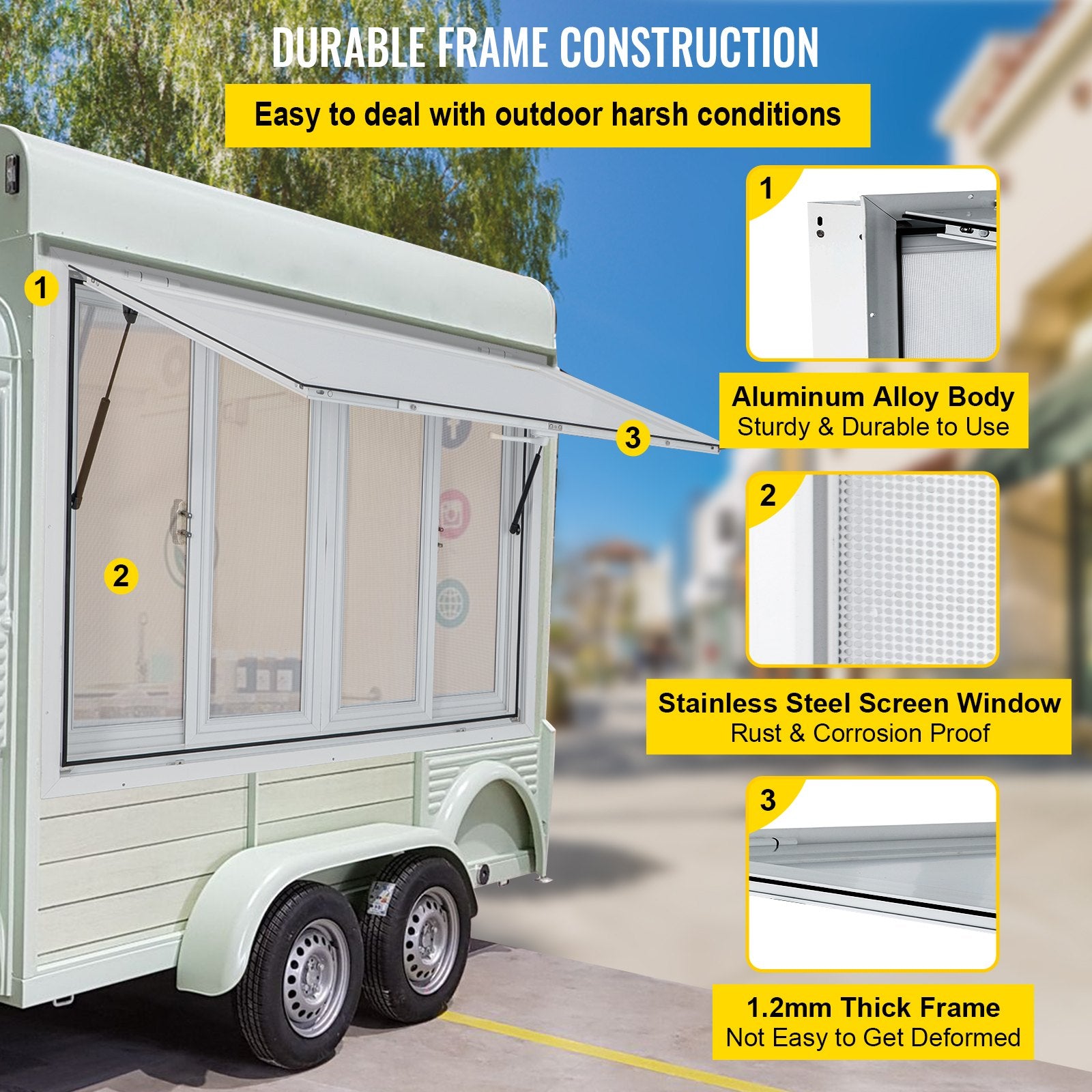 VEVOR Concession Window, 91.4 x 91.4 cm Aluminum Alloy Food Truck Service Window with 4 Horizontal Sliding Screen Windows & Awning Door & Drag Hook, Serving Window for Food Trucks Concession Trailers 3