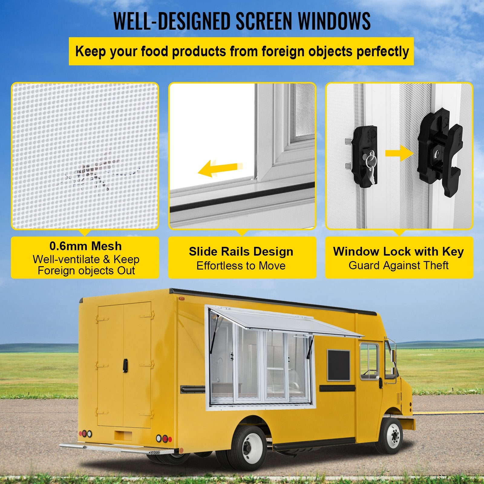 VEVOR Concession Window, 91.4 x 91.4 cm Aluminum Alloy Food Truck Service Window with 4 Horizontal Sliding Screen Windows & Awning Door & Drag Hook, Serving Window for Food Trucks Concession Trailers 4