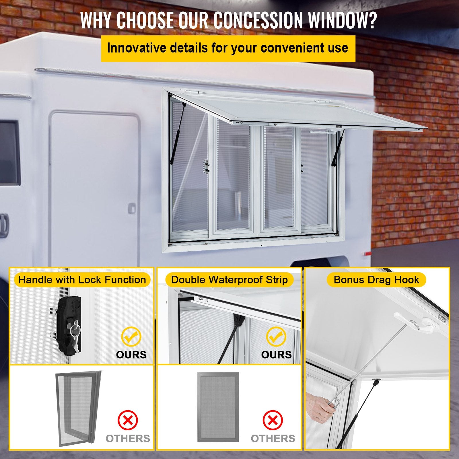 VEVOR Concession Window, 91.4 x 91.4 cm Aluminum Alloy Food Truck Service Window with 4 Horizontal Sliding Screen Windows & Awning Door & Drag Hook, Serving Window for Food Trucks Concession Trailers 6