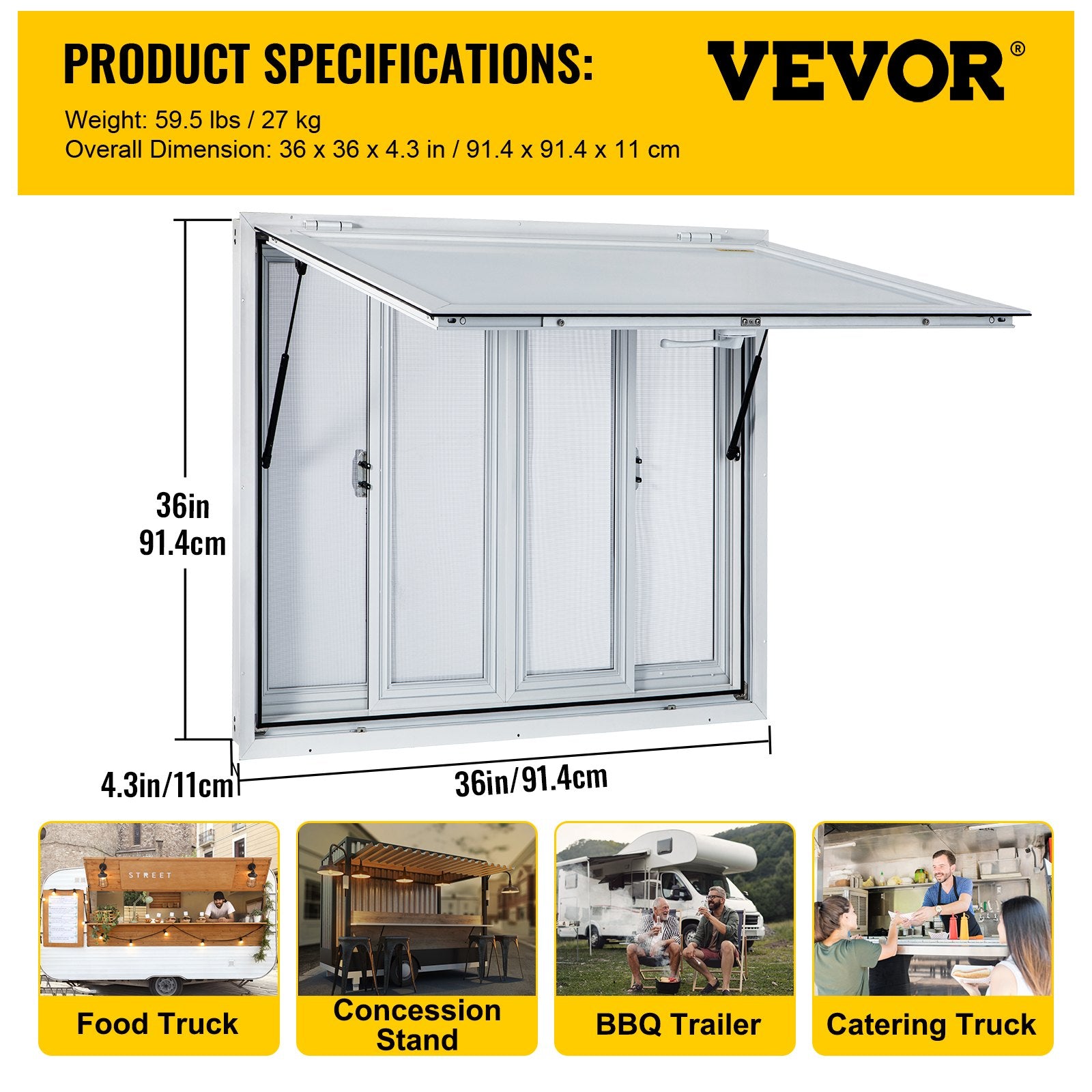VEVOR Concession Window, 91.4 x 91.4 cm Aluminum Alloy Food Truck Service Window with 4 Horizontal Sliding Screen Windows & Awning Door & Drag Hook, Serving Window for Food Trucks Concession Trailers 7