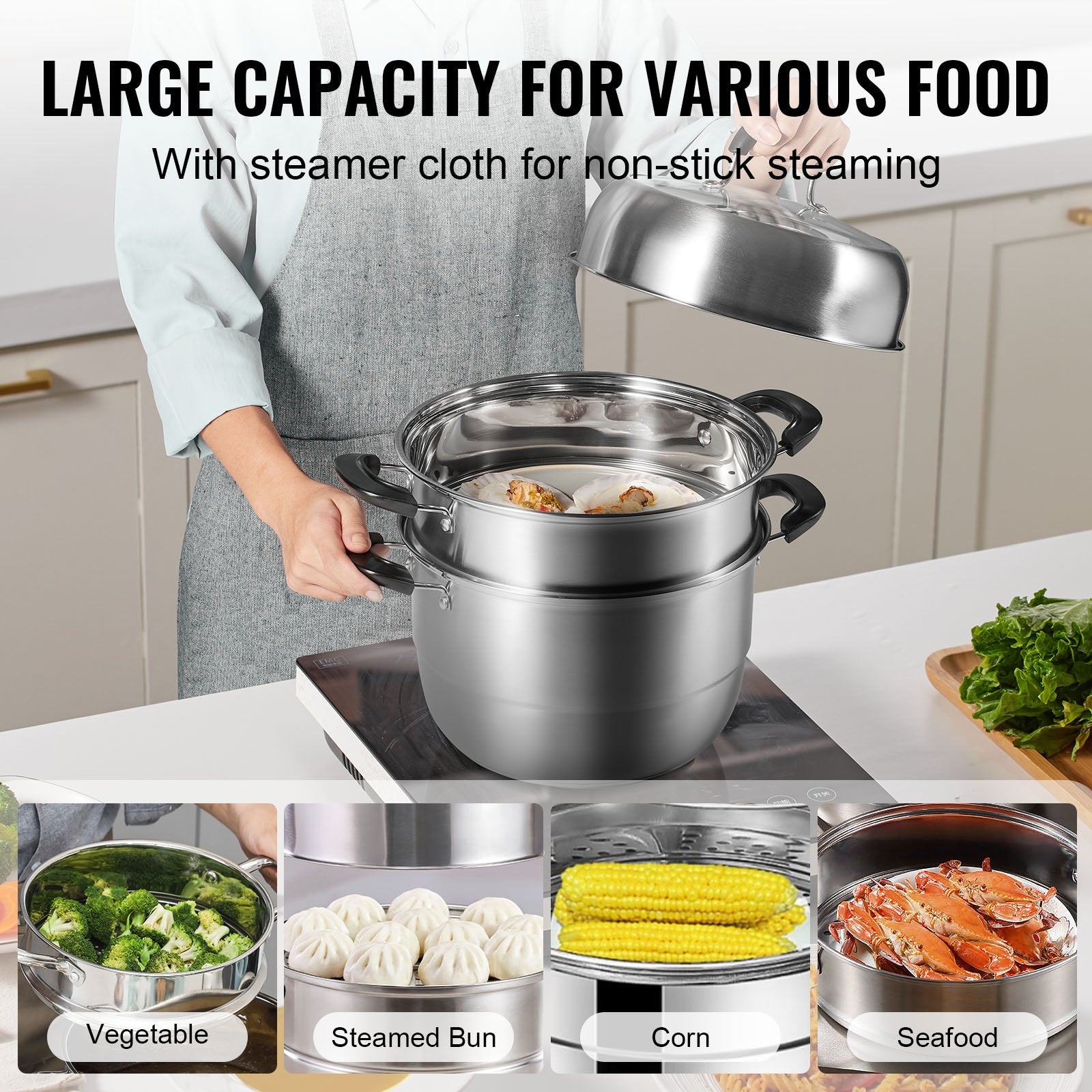 VEVOR Steamer Pot, 28cm Steamer Pot for Cooking with 8.5QT Stock Pot, Vegetable Steamer & 2 Steaming Grid, 3-Layer Food-Grade 304 Stainless Steel Food Steamer Cookware with Lid for Gas Electric Stove 3