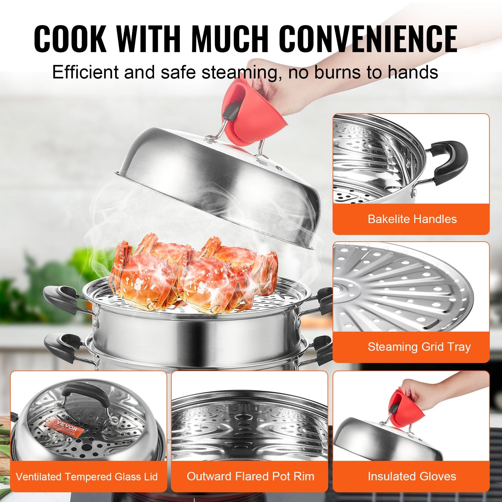 VEVOR Steamer Pot, 28cm Steamer Pot for Cooking with 8.5QT Stock Pot, Vegetable Steamer & 2 Steaming Grid, 3-Layer Food-Grade 304 Stainless Steel Food Steamer Cookware with Lid for Gas Electric Stove 5
