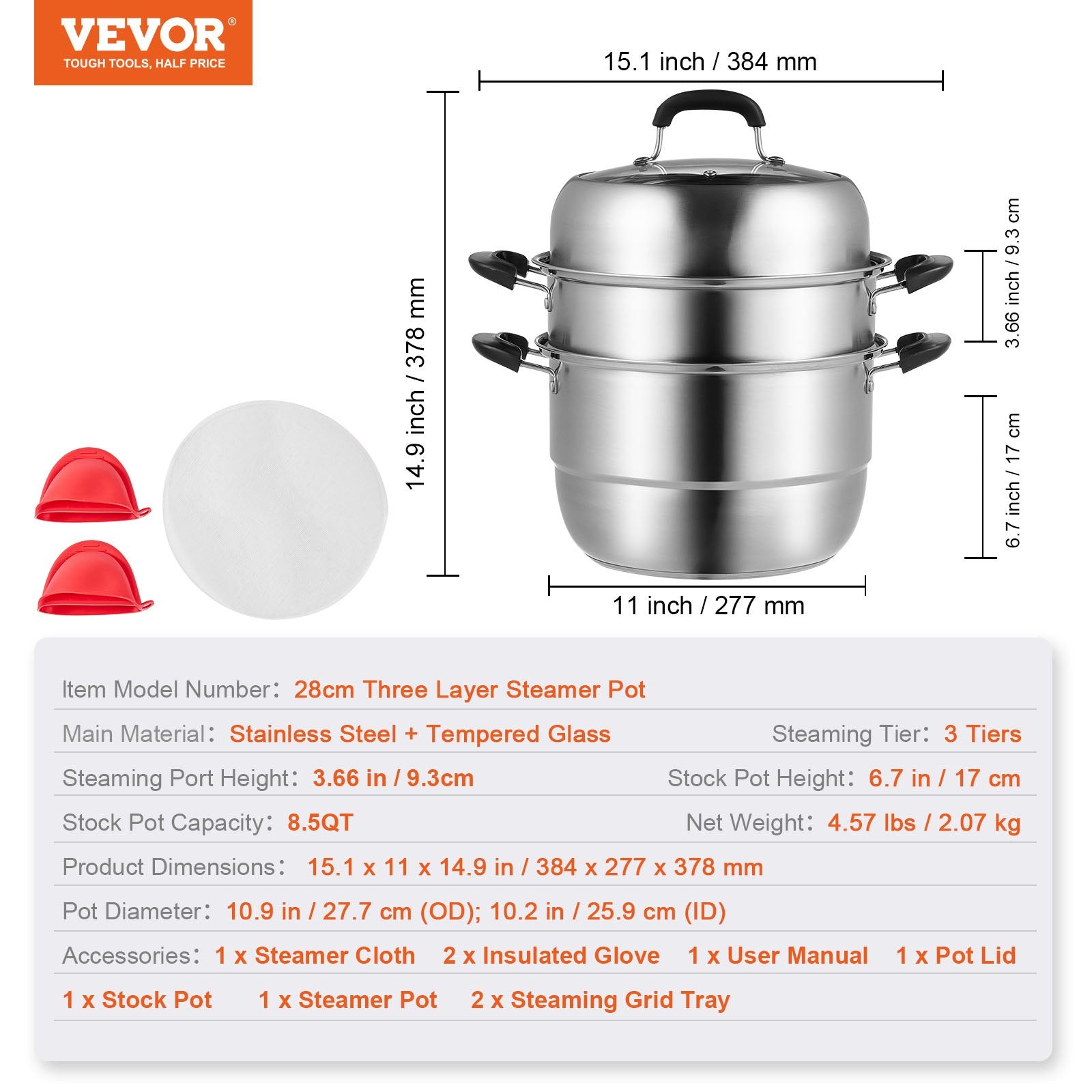 VEVOR Steamer Pot, 28cm Steamer Pot for Cooking with 8.5QT Stock Pot, Vegetable Steamer & 2 Steaming Grid, 3-Layer Food-Grade 304 Stainless Steel Food Steamer Cookware with Lid for Gas Electric Stove 7