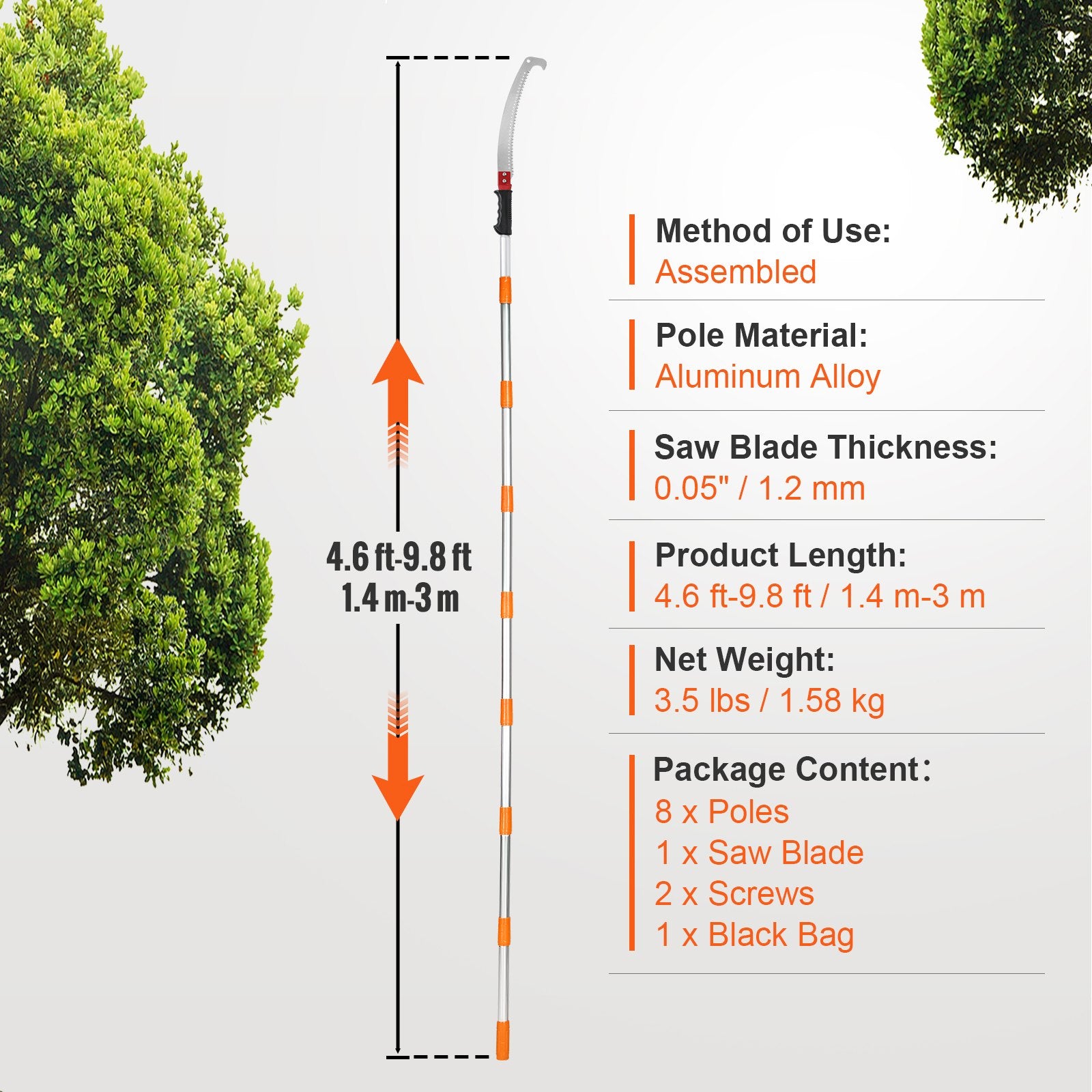 VEVOR Manual Pole Saw Extendable Tree Pruner 1.4 m-3 m Aluminum Alloy Pole 7