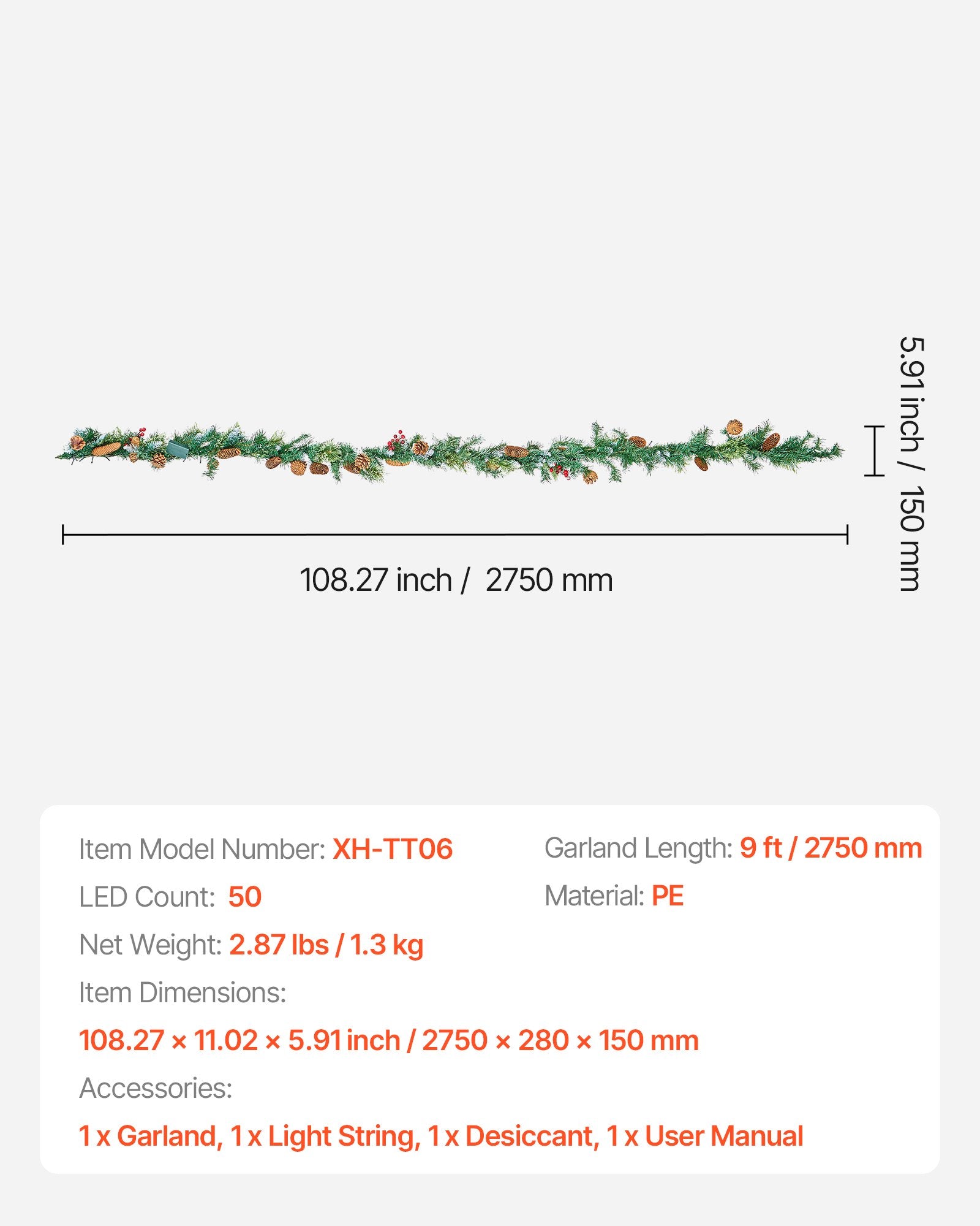 VEVOR Christmas Garland, 2750mm Artificial Christmas Garland with Light String, Faux Greenery Decoration with Berry Clusters, Pine Needles, Pine Cones, Realistic Xmas Collection for Mantel Fireplace 7