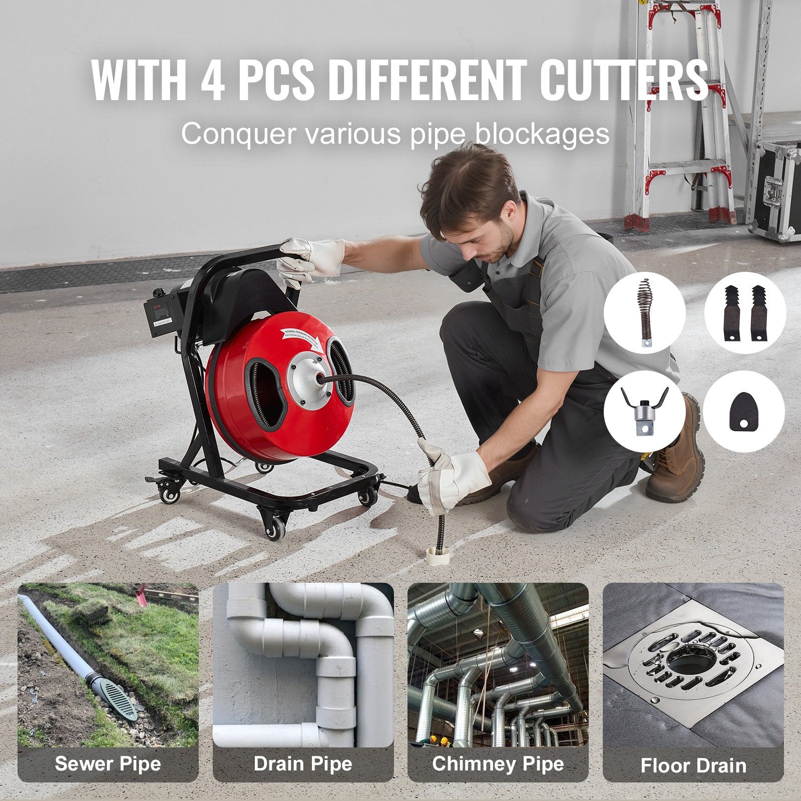 VEVOR Drain Cleaner Machine 50FT x 1/2 Inch Manual Feed Snake Auger with Wheels 5