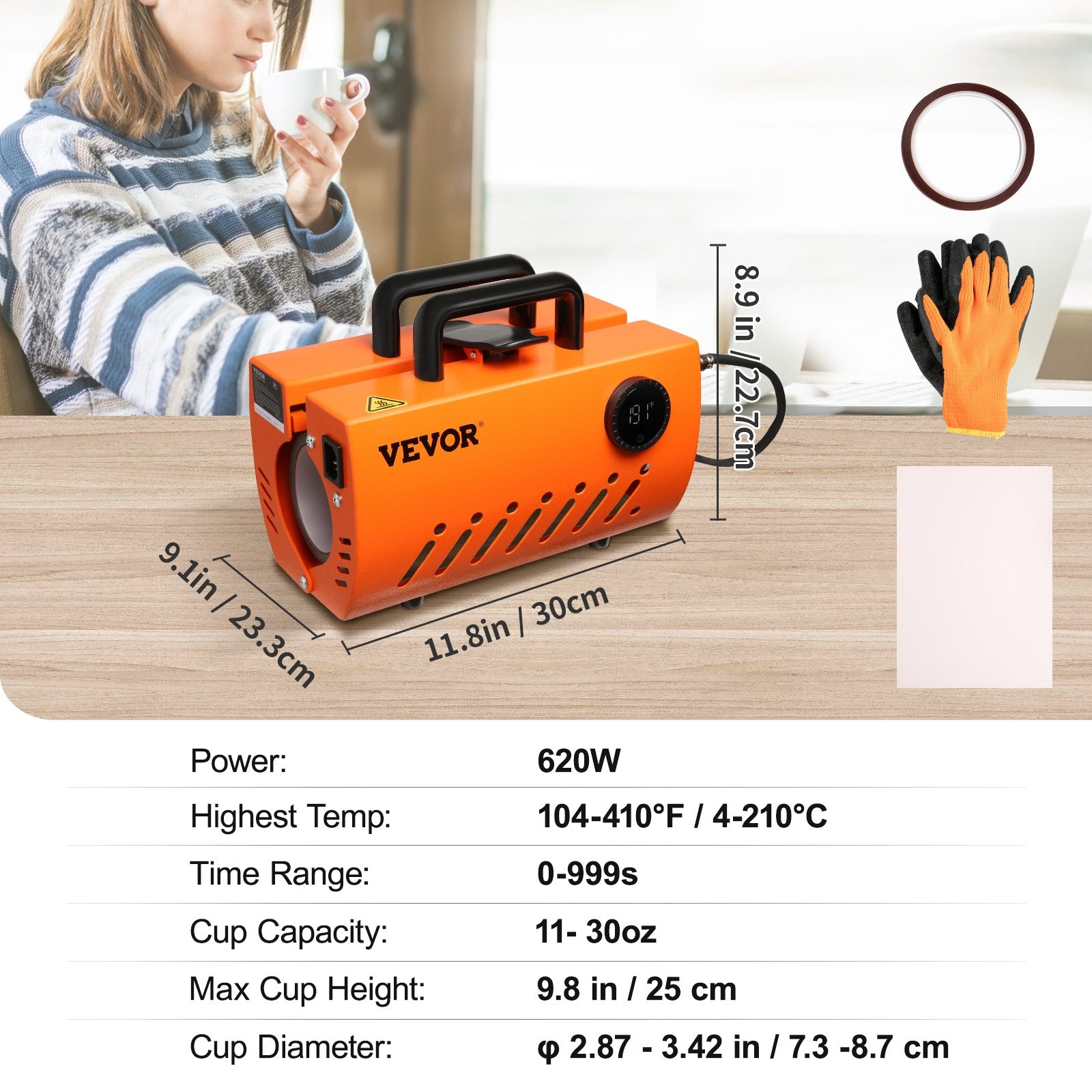 VEVOR Mug Heat Press, 30oz Tumbler Heat Press Machine, Sublimation Transfer 11-15oz 16-25oz 30oz Straight Skinny Tumblers, Cup Heat Press with Heat-resist Gloves & Tape, DIY Ceramic Mugs Cups Glasses 7