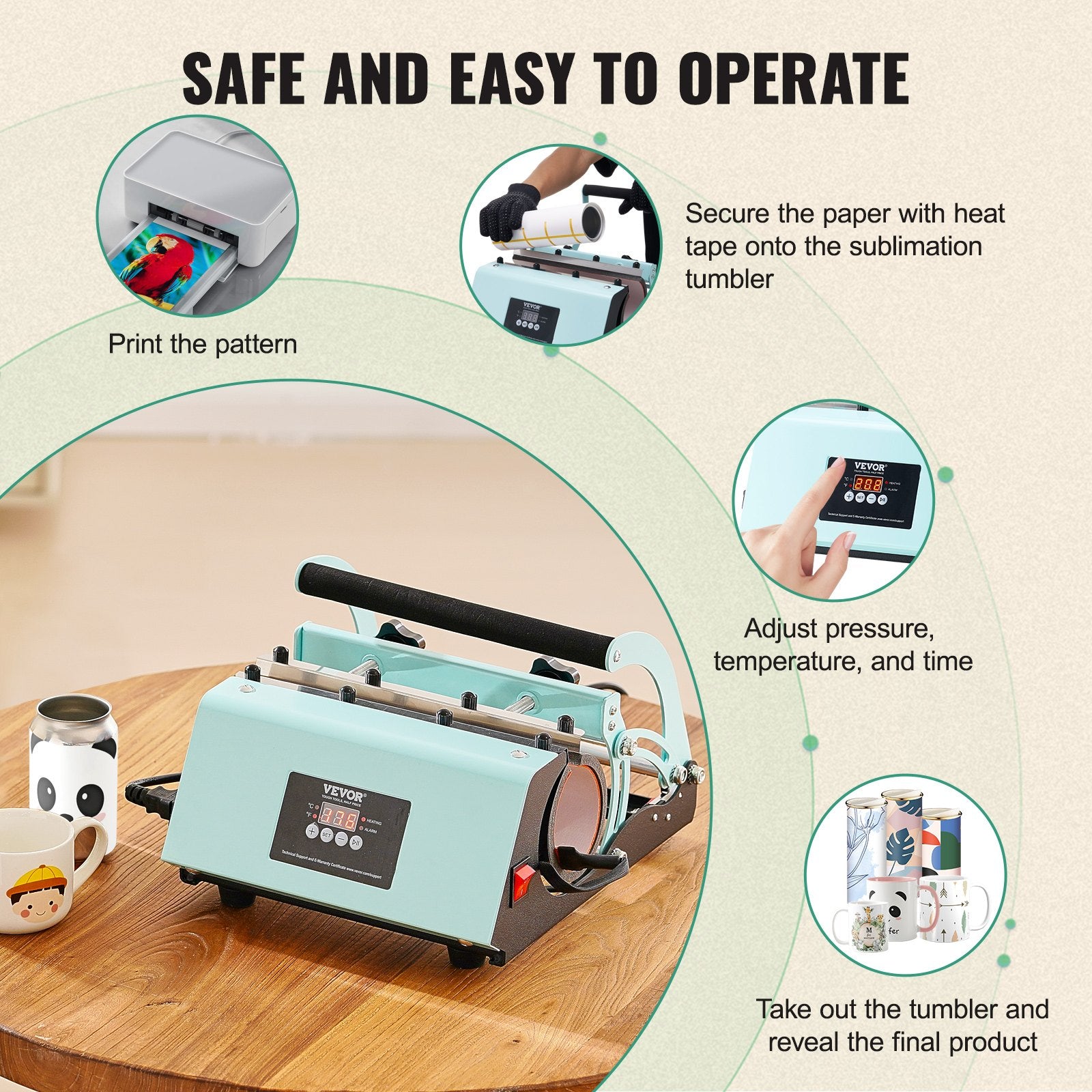 VEVOR Tumbler Heat Press Machine 11-30oz Mug Press Sublimation Tumblers Green 5