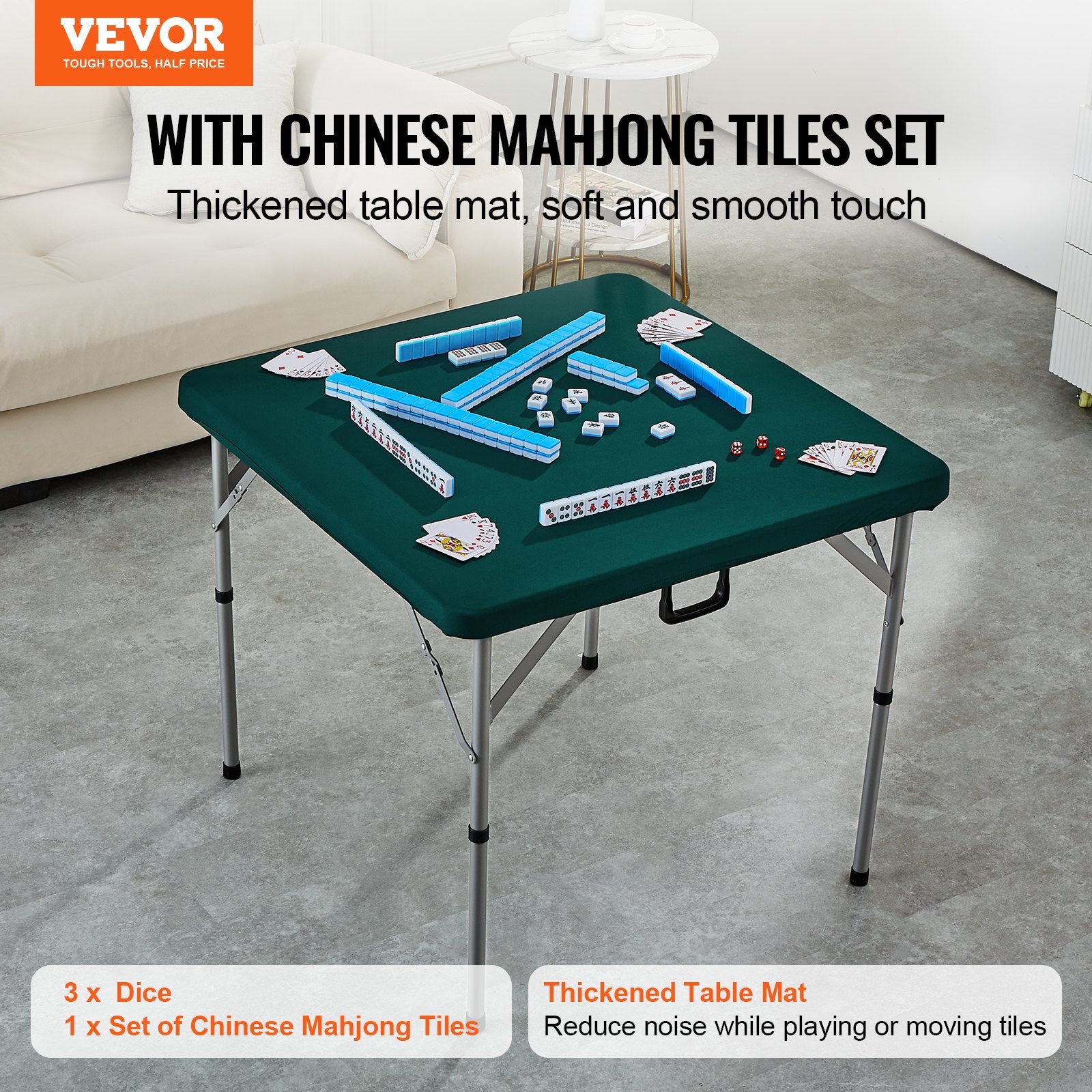 VEVOR Mahjong Table with Mahjong Tiles Set, Fold-in-Half 4 Player Card Table with 144PCS Majiang Tiles and 3 Dice, Portable Bi-Folding Domino Table with Wear-Resistant Green Tabletop & Carrying Handle