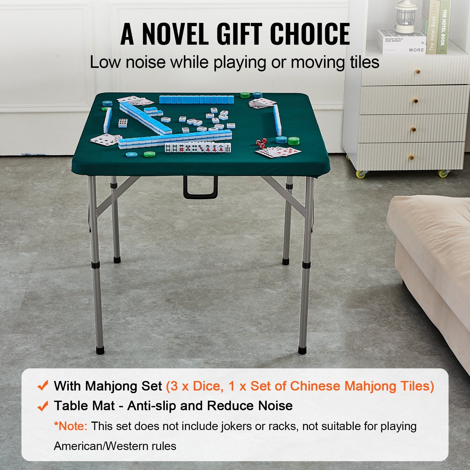 VEVOR Mahjong Table with Mahjong Tiles Set, Fold-in-Half 4 Player Card Table with 144PCS Majiang Tiles and 3 Dice, Portable Bi-Folding Domino Table with Wear-Resistant Green Tabletop & Carrying Handle 6