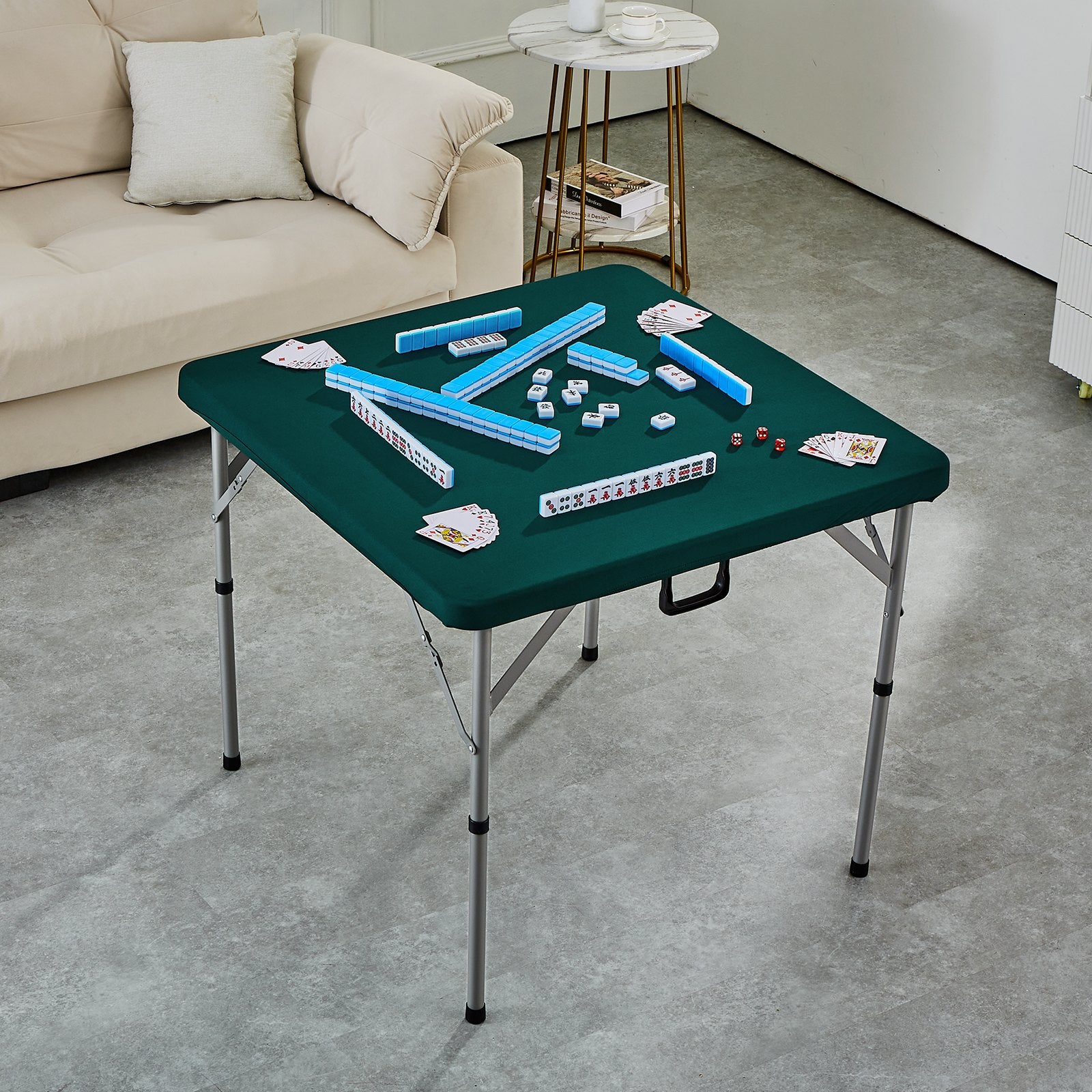 VEVOR Mahjong Table with Mahjong Tiles Set, Fold-in-Half 4 Player Card Table with 144PCS Majiang Tiles and 3 Dice, Portable Bi-Folding Domino Table with Wear-Resistant Green Tabletop & Carrying Handle 8