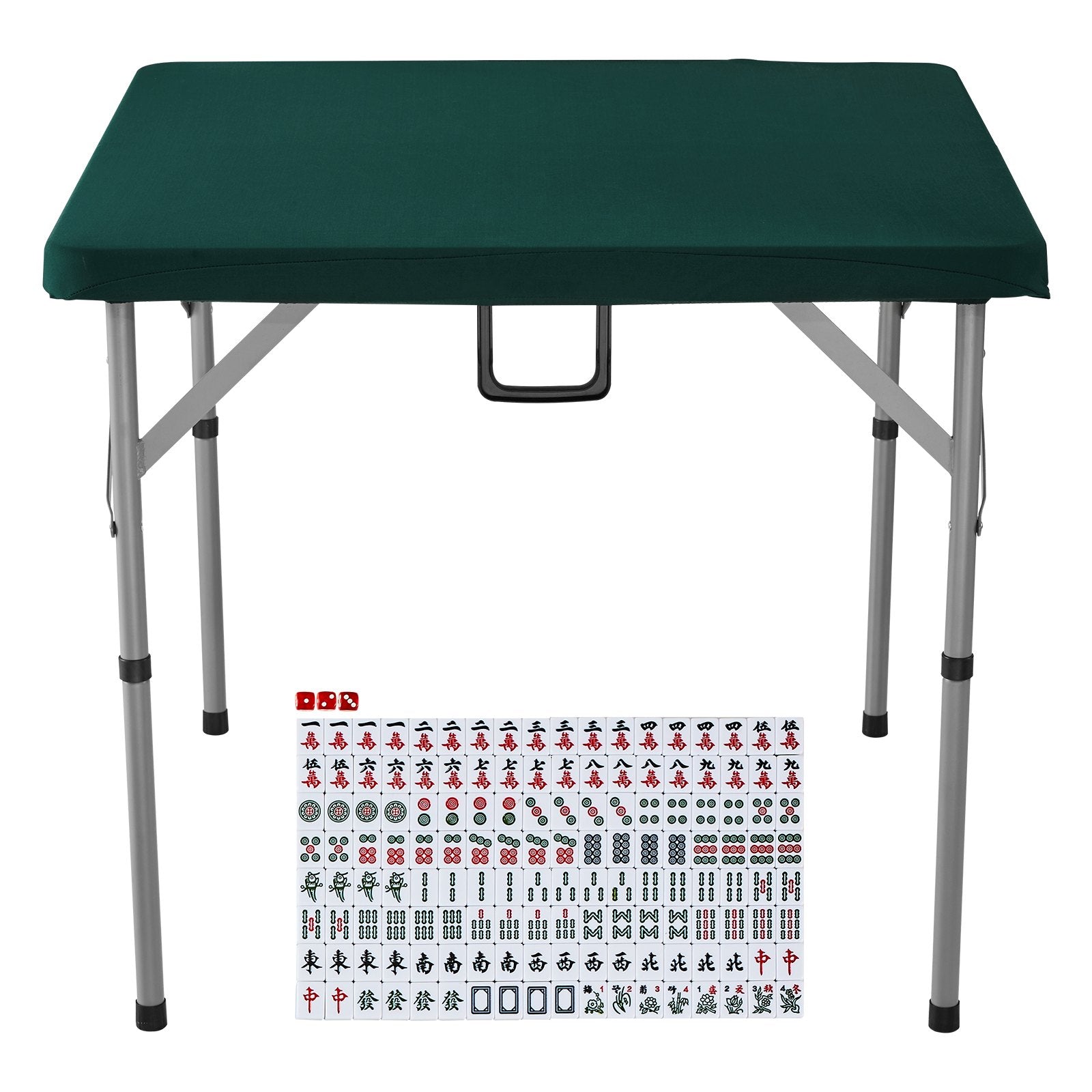 VEVOR Mahjong Table with Mahjong Tiles Set, Fold-in-Half 4 Player Card Table with 144PCS Majiang Tiles and 3 Dice, Portable Bi-Folding Domino Table with Wear-Resistant Green Tabletop & Carrying Handle 9