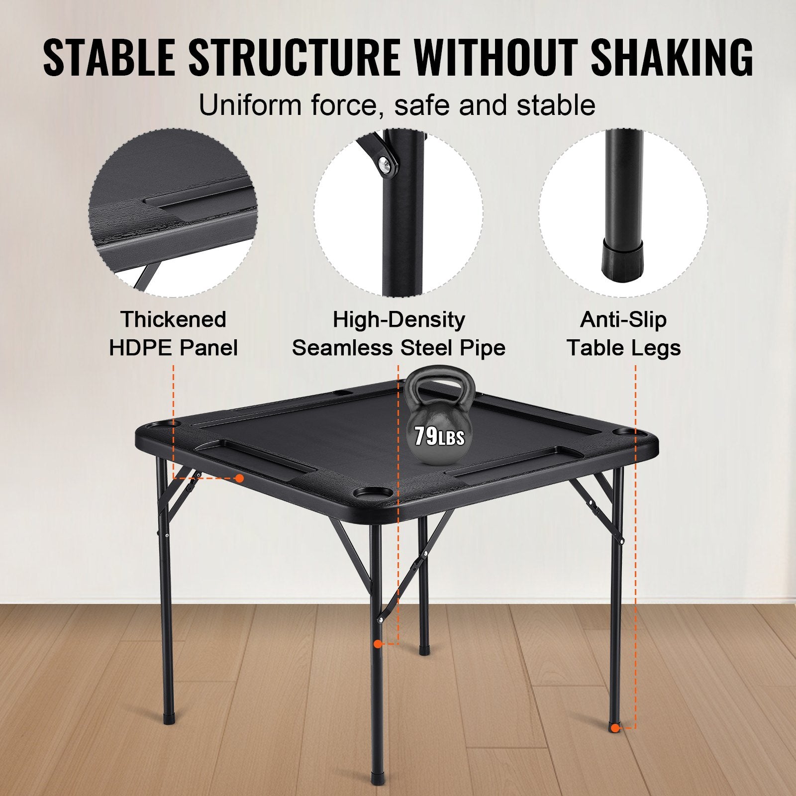 VEVOR Mahjong Table, Square 4 Player Folding Card Table with 4 Cup Holders & 4 Chip Trays, Portable Domino Game Table with 1 Set of Dominoes for Mahjong Poke Puzzles, 90 x 90-inch, Black 4