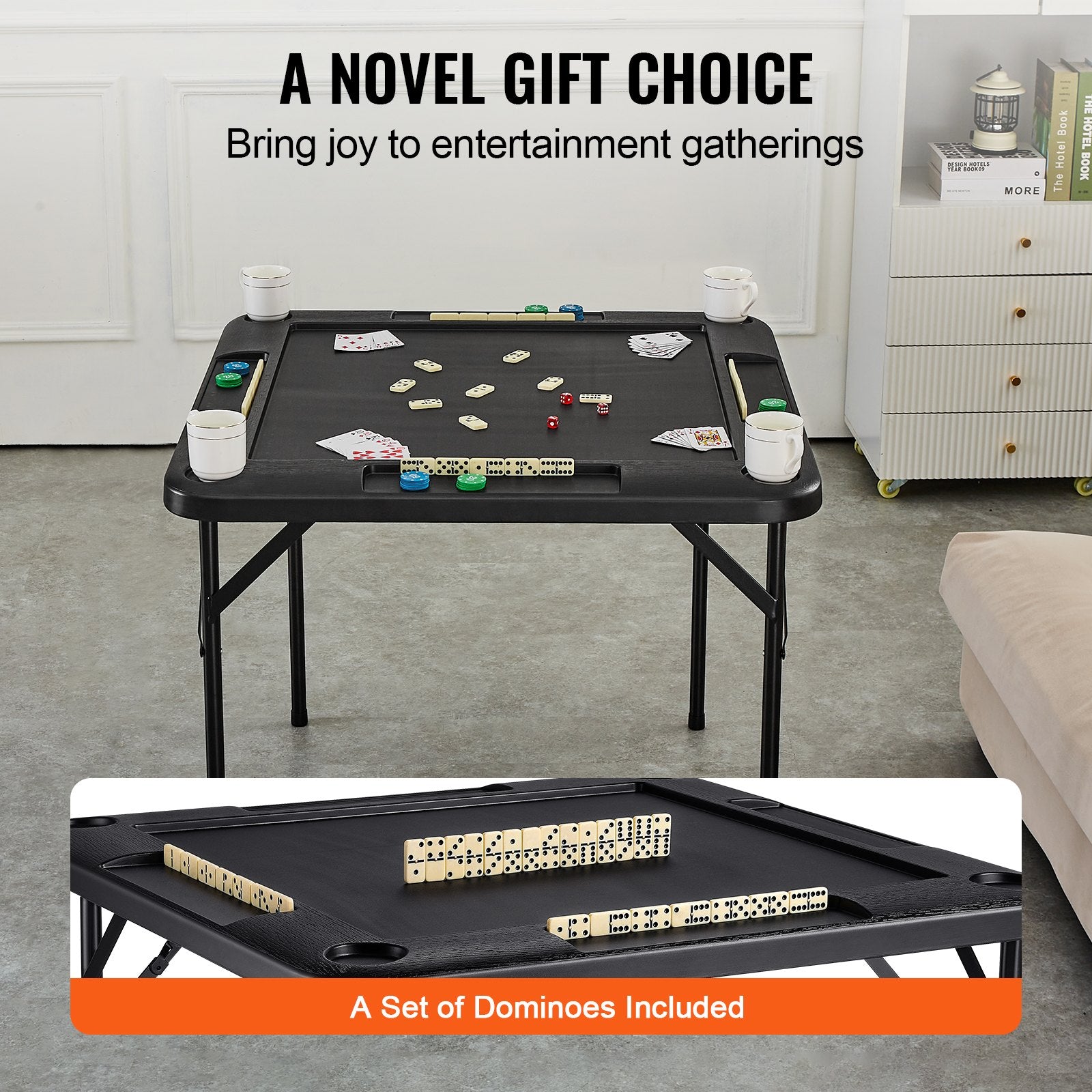 VEVOR Mahjong Table, Square 4 Player Folding Card Table with 4 Cup Holders & 4 Chip Trays, Portable Domino Game Table with 1 Set of Dominoes for Mahjong Poke Puzzles, 90 x 90-inch, Black 6