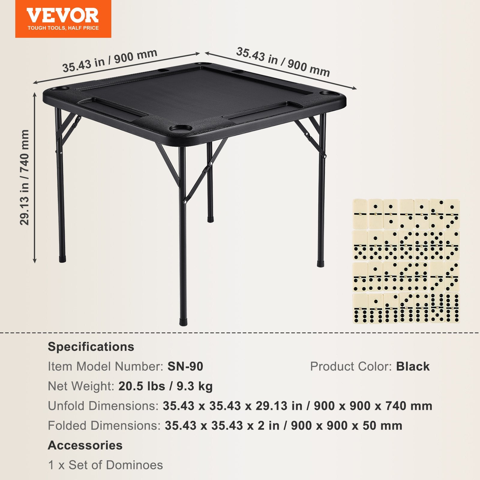 VEVOR Mahjong Table, Square 4 Player Folding Card Table with 4 Cup Holders & 4 Chip Trays, Portable Domino Game Table with 1 Set of Dominoes for Mahjong Poke Puzzles, 90 x 90-inch, Black 7