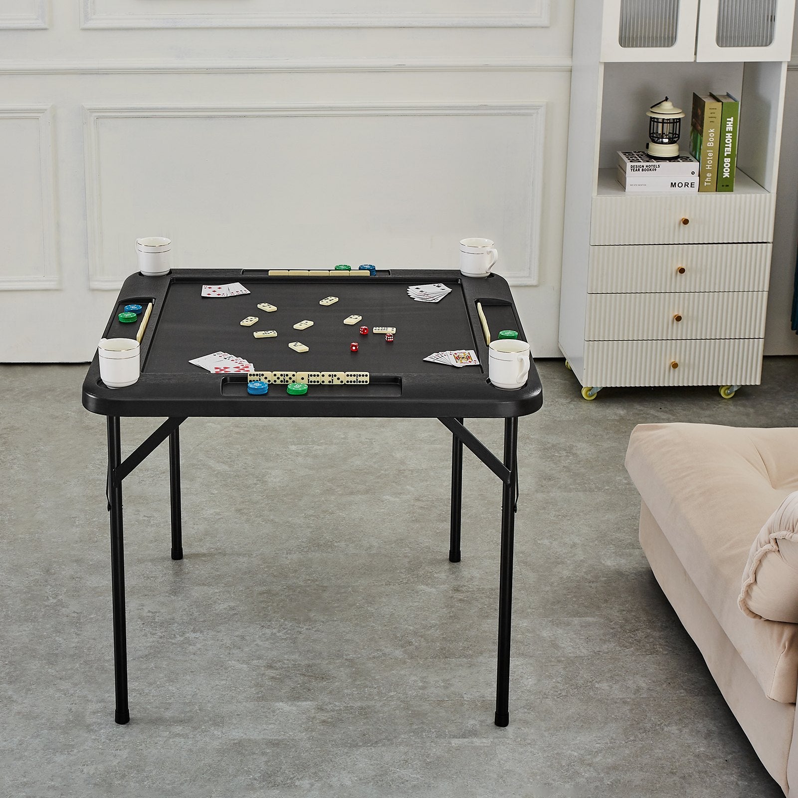 VEVOR Mahjong Table, Square 4 Player Folding Card Table with 4 Cup Holders & 4 Chip Trays, Portable Domino Game Table with 1 Set of Dominoes for Mahjong Poke Puzzles, 90 x 90-inch, Black 8