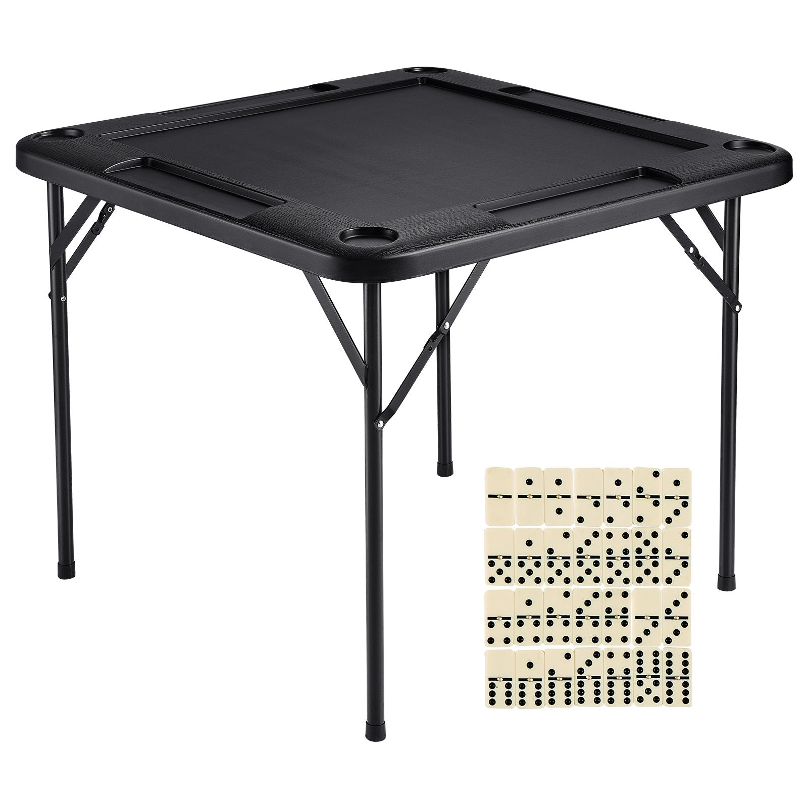 VEVOR Mahjong Table, Square 4 Player Folding Card Table with 4 Cup Holders & 4 Chip Trays, Portable Domino Game Table with 1 Set of Dominoes for Mahjong Poke Puzzles, 90 x 90-inch, Black 9