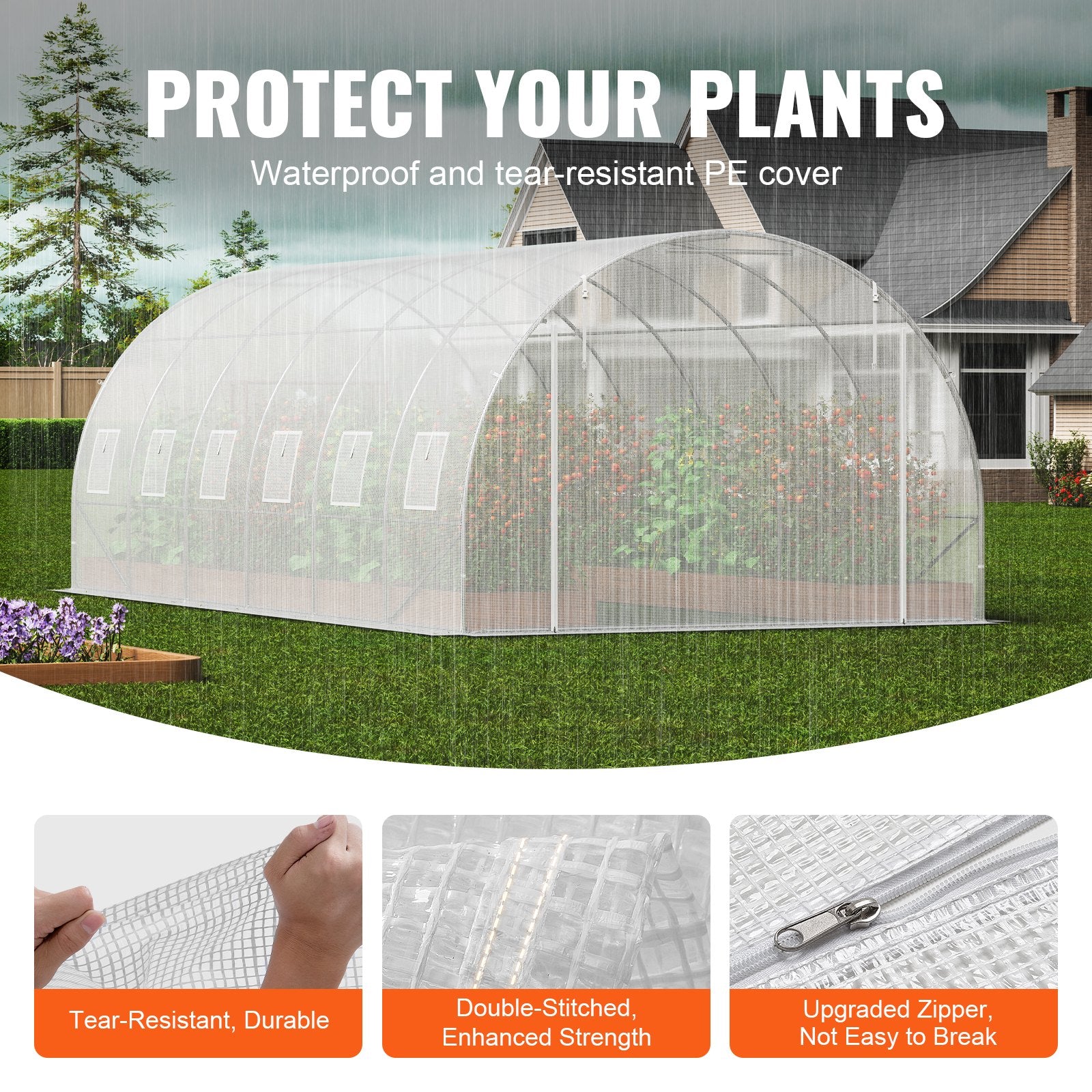 VEVOR Walk-in Tunnel Greenhouse, 19.4x9.7x6.5 ft Hoop House Greenhouse Tunnel, Plant Hot House with Galvanized Steel Frame, White PE Cover, Roll-up Zipper Door and 12 Windows for Outdoor 3