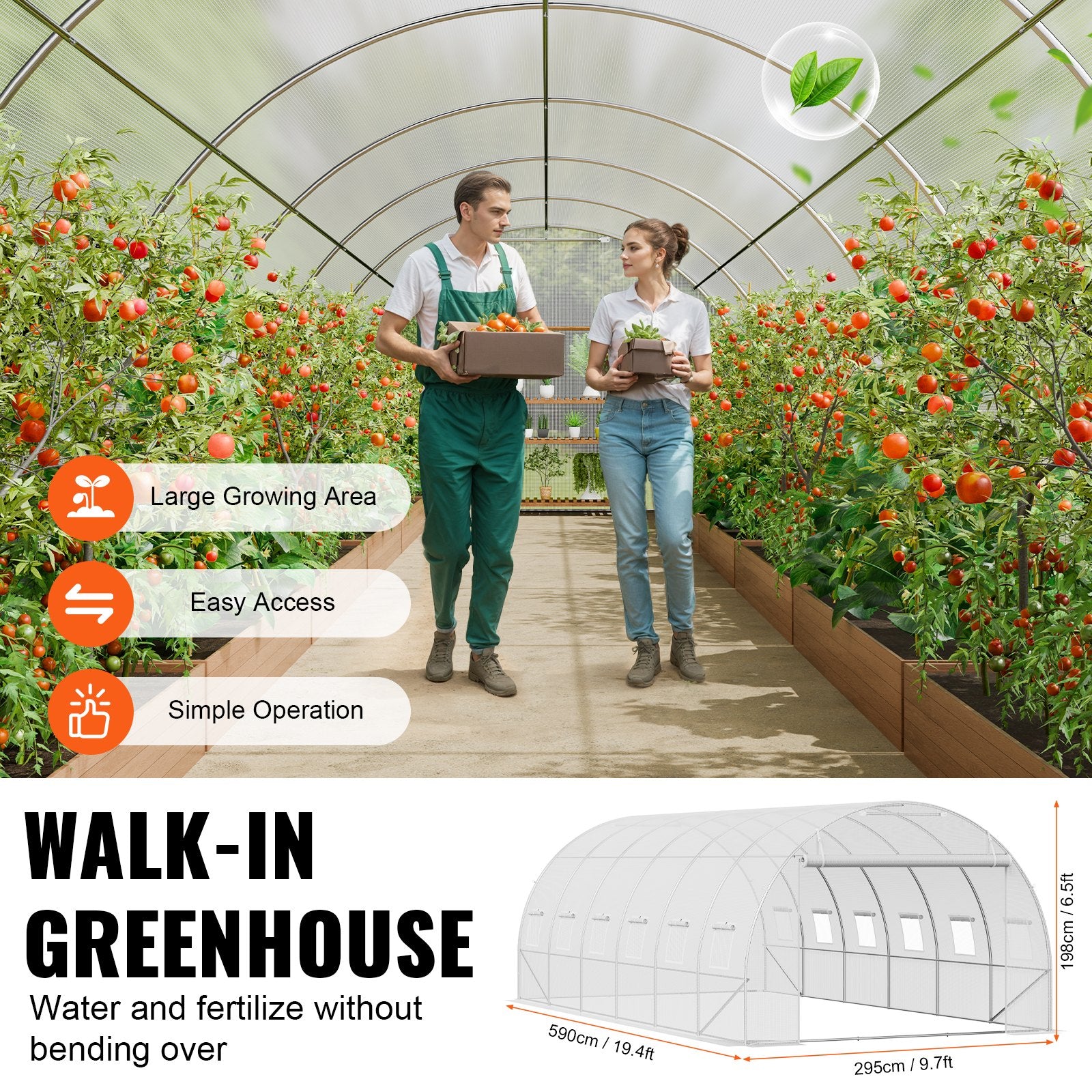 VEVOR Walk-in Tunnel Greenhouse, 19.4x9.7x6.5 ft Hoop House Greenhouse Tunnel, Plant Hot House with Galvanized Steel Frame, White PE Cover, Roll-up Zipper Door and 12 Windows for Outdoor 5