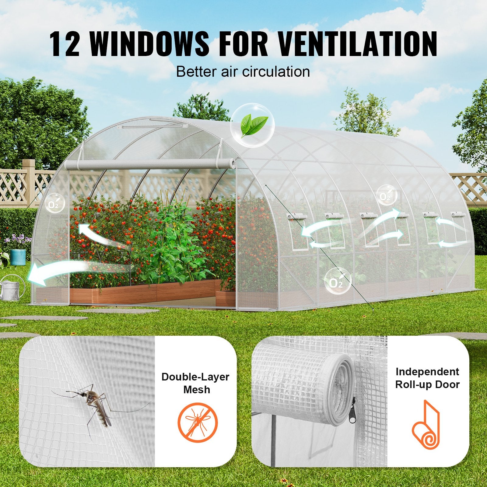 VEVOR Walk-in Tunnel Greenhouse, 19.4x9.7x6.5 ft Hoop House Greenhouse Tunnel, Plant Hot House with Galvanized Steel Frame, White PE Cover, Roll-up Zipper Door and 12 Windows for Outdoor 6