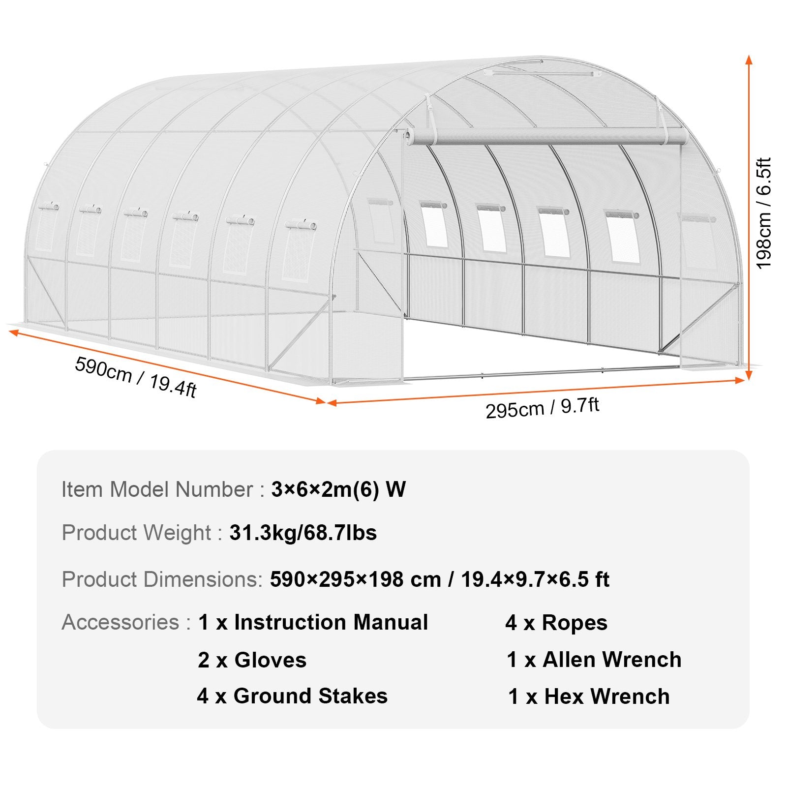 VEVOR Walk-in Tunnel Greenhouse, 19.4x9.7x6.5 ft Hoop House Greenhouse Tunnel, Plant Hot House with Galvanized Steel Frame, White PE Cover, Roll-up Zipper Door and 12 Windows for Outdoor 7