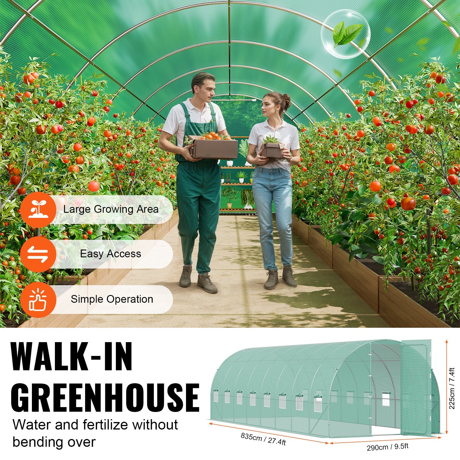 VEVOR Walk-in Tunnel Greenhouse 27.38x9.5x7.38ft Galvanized Frame PE Cover Green 6