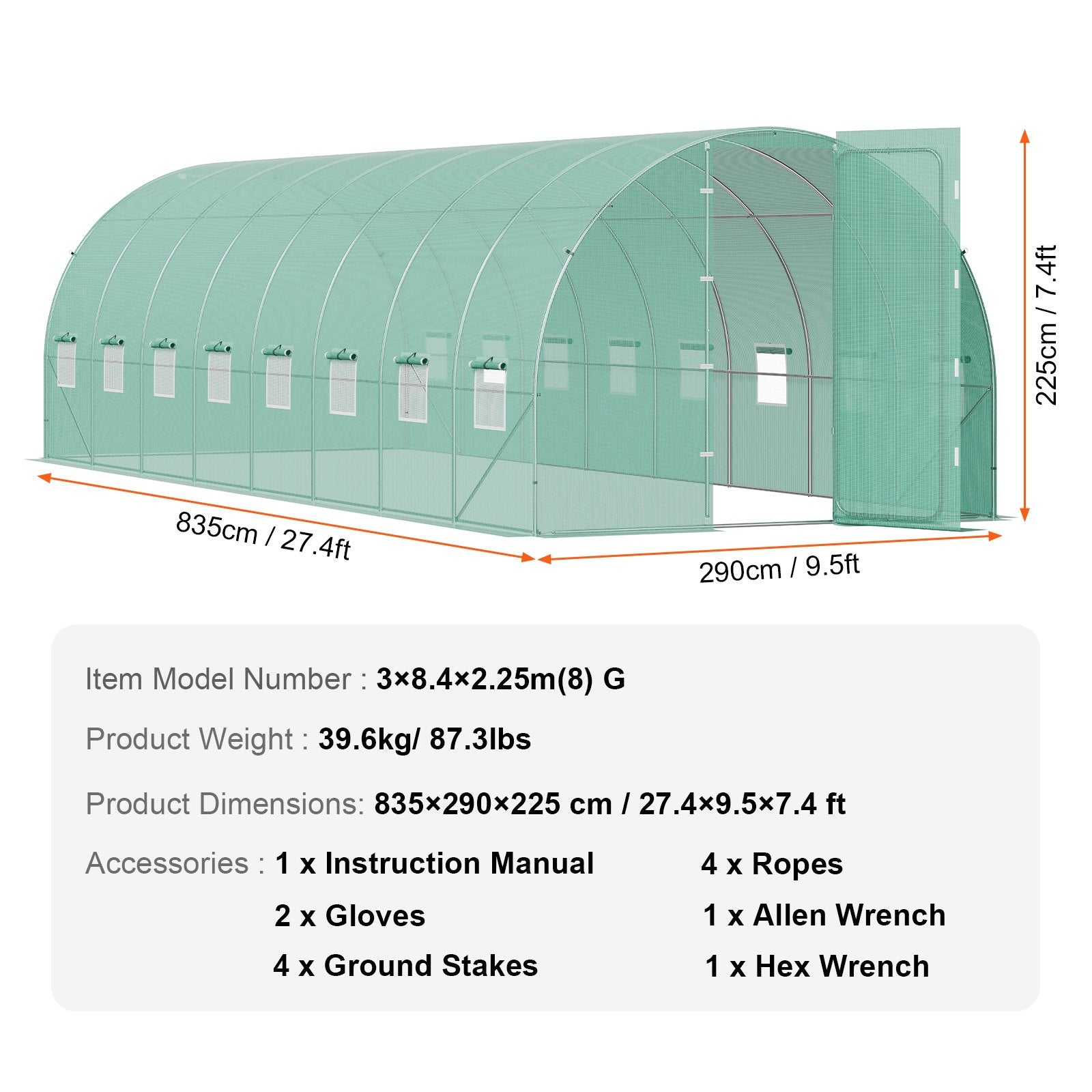 VEVOR Walk-in Tunnel Greenhouse 27.38x9.5x7.38ft Galvanized Frame PE Cover Green 7