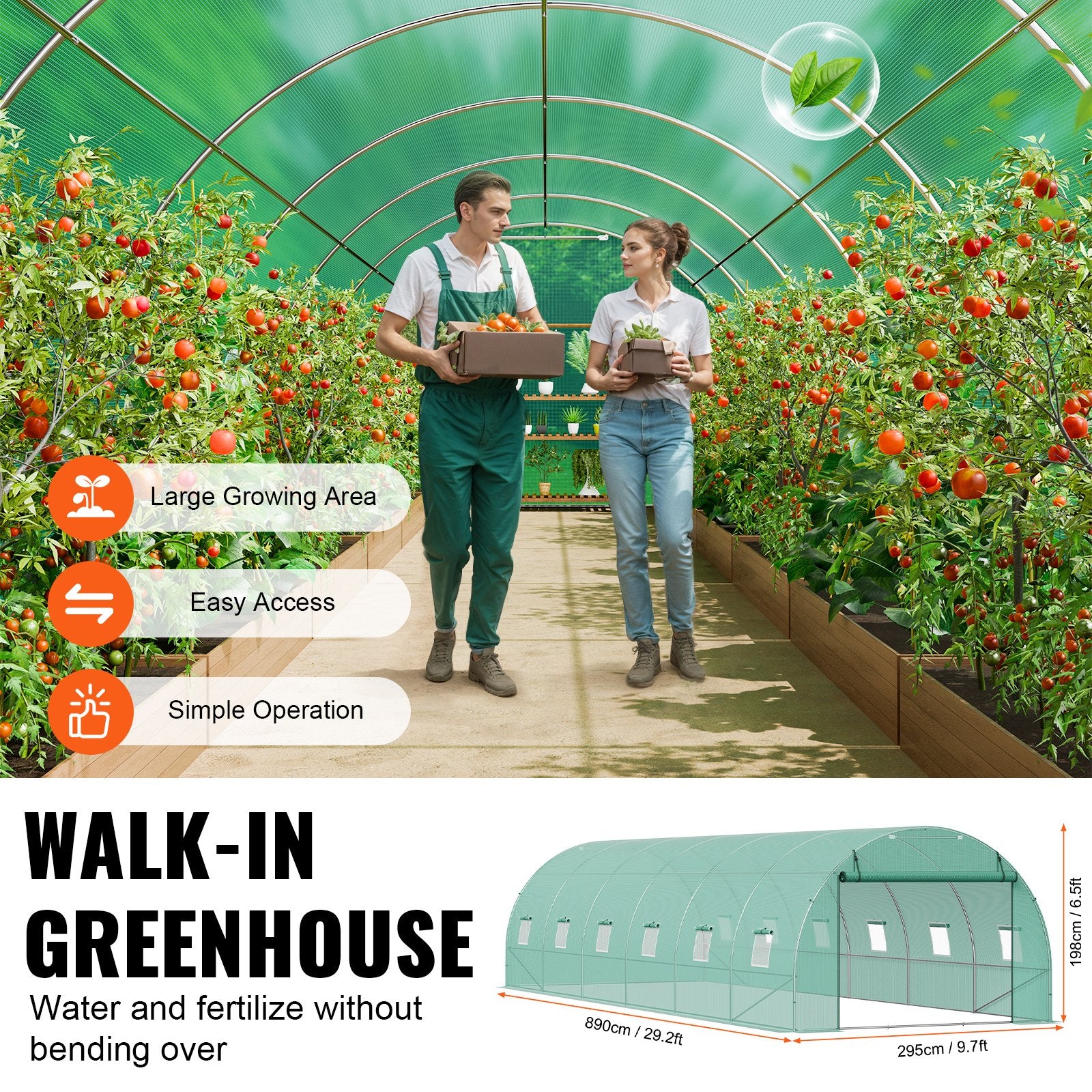 VEVOR Walk-in Tunnel Greenhouse 29.2x9.7x6.5ft Galvanized Frame PE Cover Green 5