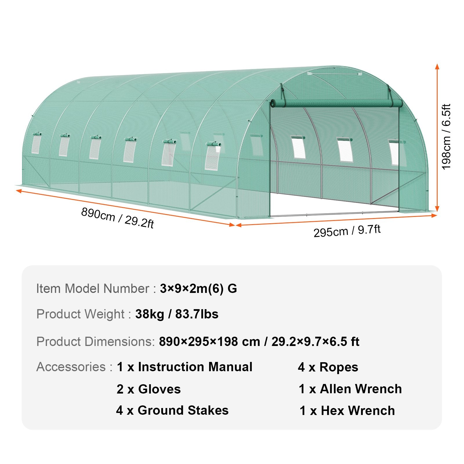 VEVOR Walk-in Tunnel Greenhouse 29.2x9.7x6.5ft Galvanized Frame PE Cover Green 7