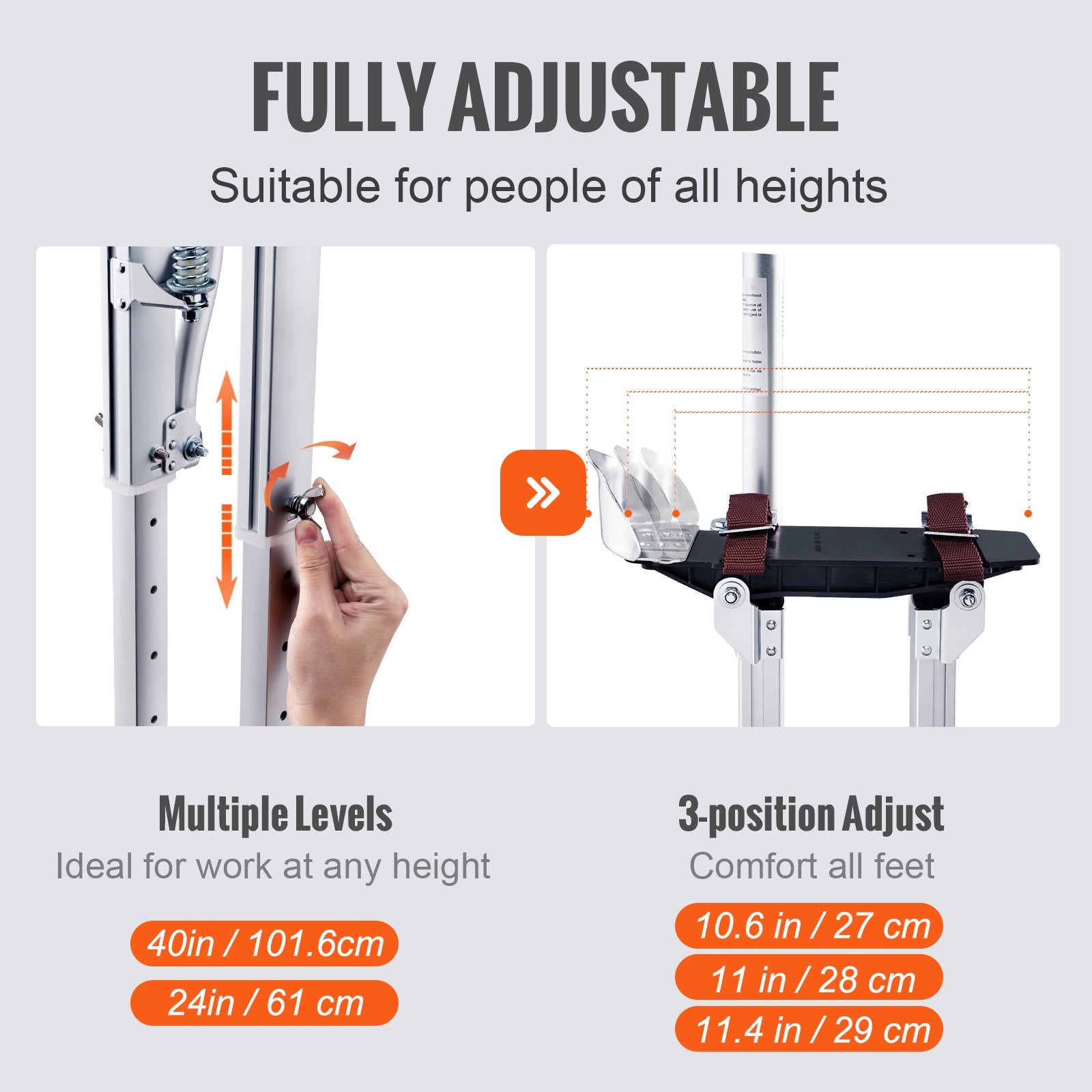 VEVOR Drywall Stilts, 24''-40'' Adjustable Aluminum Tool Stilts with Protective Knee Pads, Durable and Non-Slip Work Stilts for Sheetrock Painting, Walking, Taping, Silver 3