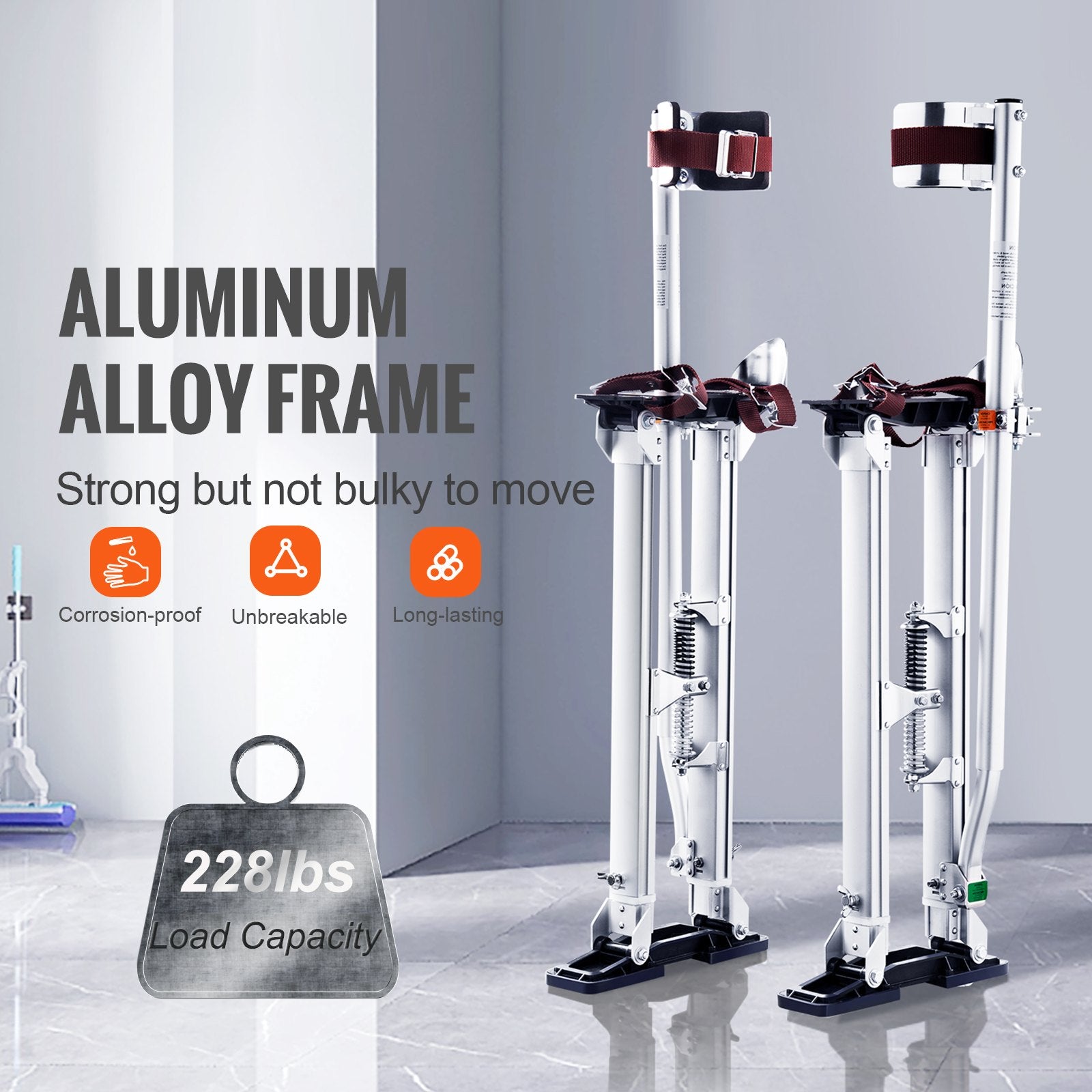 VEVOR Drywall Stilts, 24''-40'' Adjustable Aluminum Tool Stilts with Protective Knee Pads, Durable and Non-Slip Work Stilts for Sheetrock Painting, Walking, Taping, Silver 4