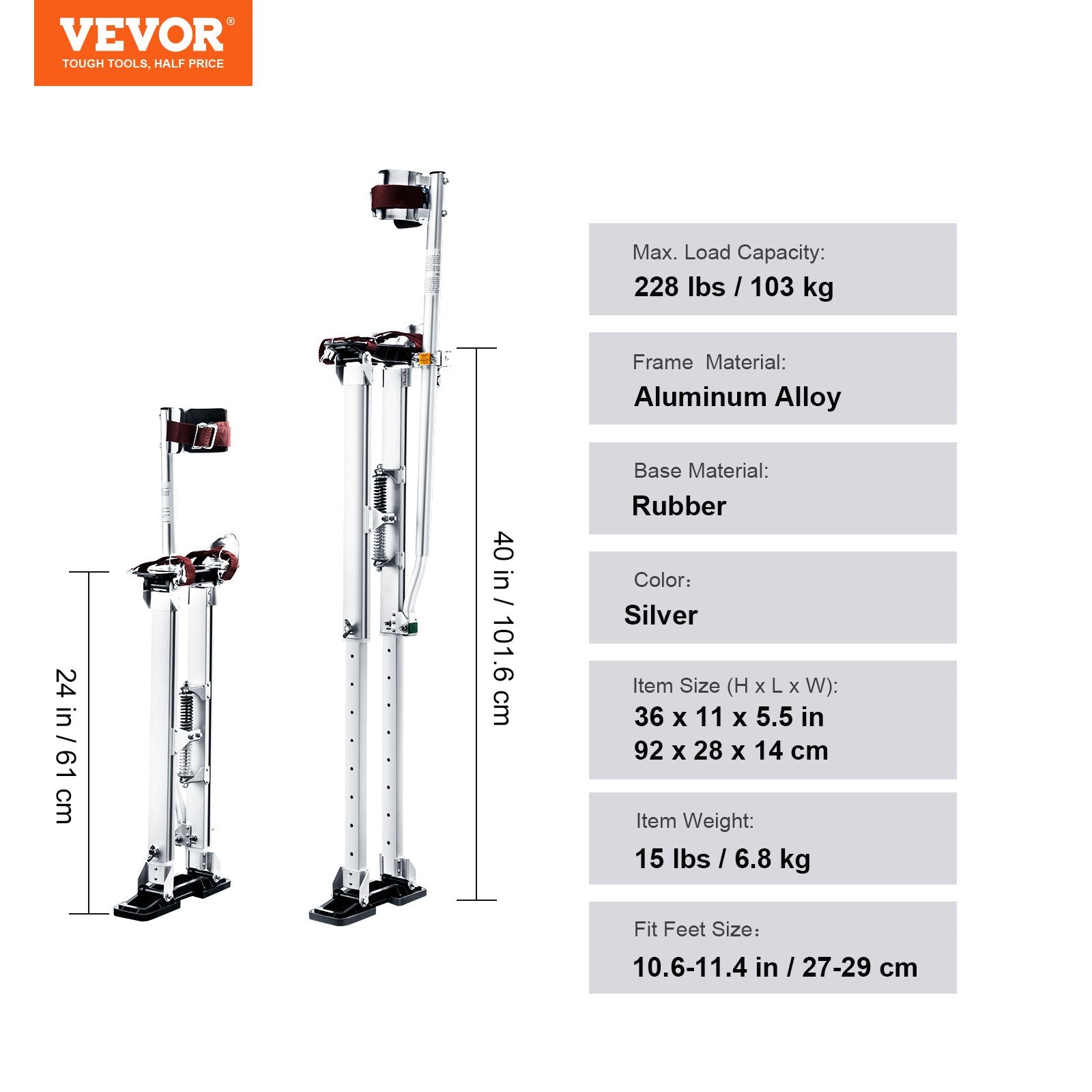 VEVOR Drywall Stilts, 24''-40'' Adjustable Aluminum Tool Stilts with Protective Knee Pads, Durable and Non-Slip Work Stilts for Sheetrock Painting, Walking, Taping, Silver 7