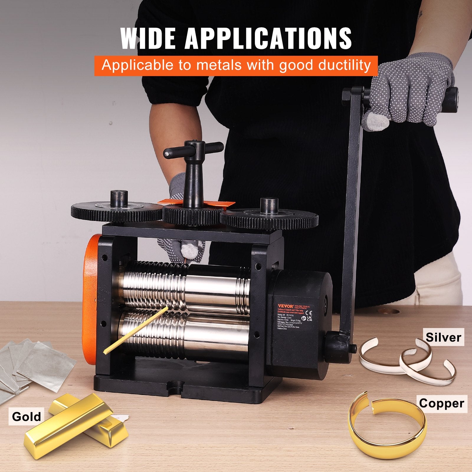 VEVOR Rolling Mill, 2.24"/57 mm Jewelry Rolling Mill Machine, 1: 2 Gear Ratio, 3-in-1 Multi-function Rolling Mill, 0-5.5 mm Press Thickness for Metal Jewelry Making Sheet Square Wire Elliptical 6