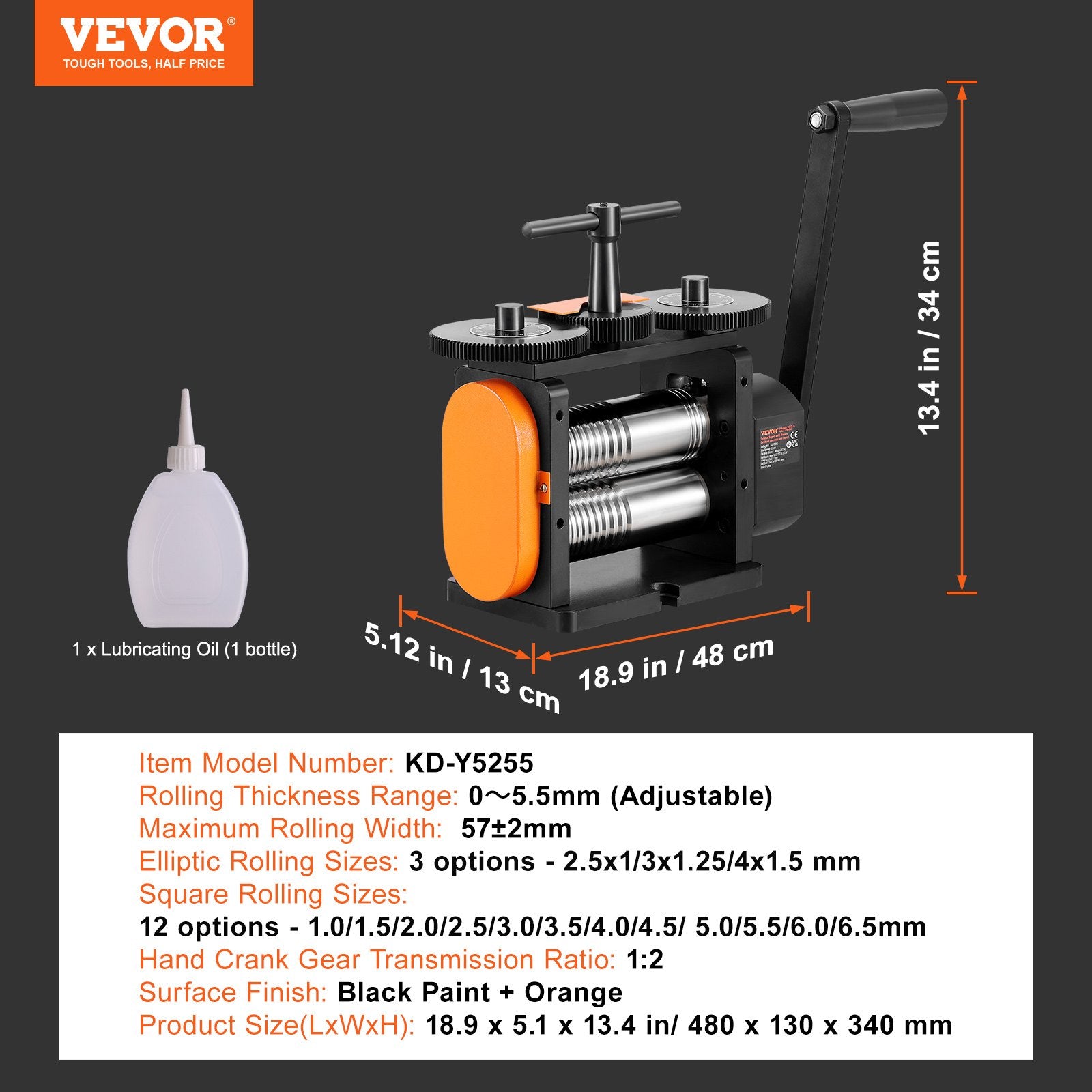 VEVOR Rolling Mill, 2.24"/57 mm Jewelry Rolling Mill Machine, 1: 2 Gear Ratio, 3-in-1 Multi-function Rolling Mill, 0-5.5 mm Press Thickness for Metal Jewelry Making Sheet Square Wire Elliptical 7