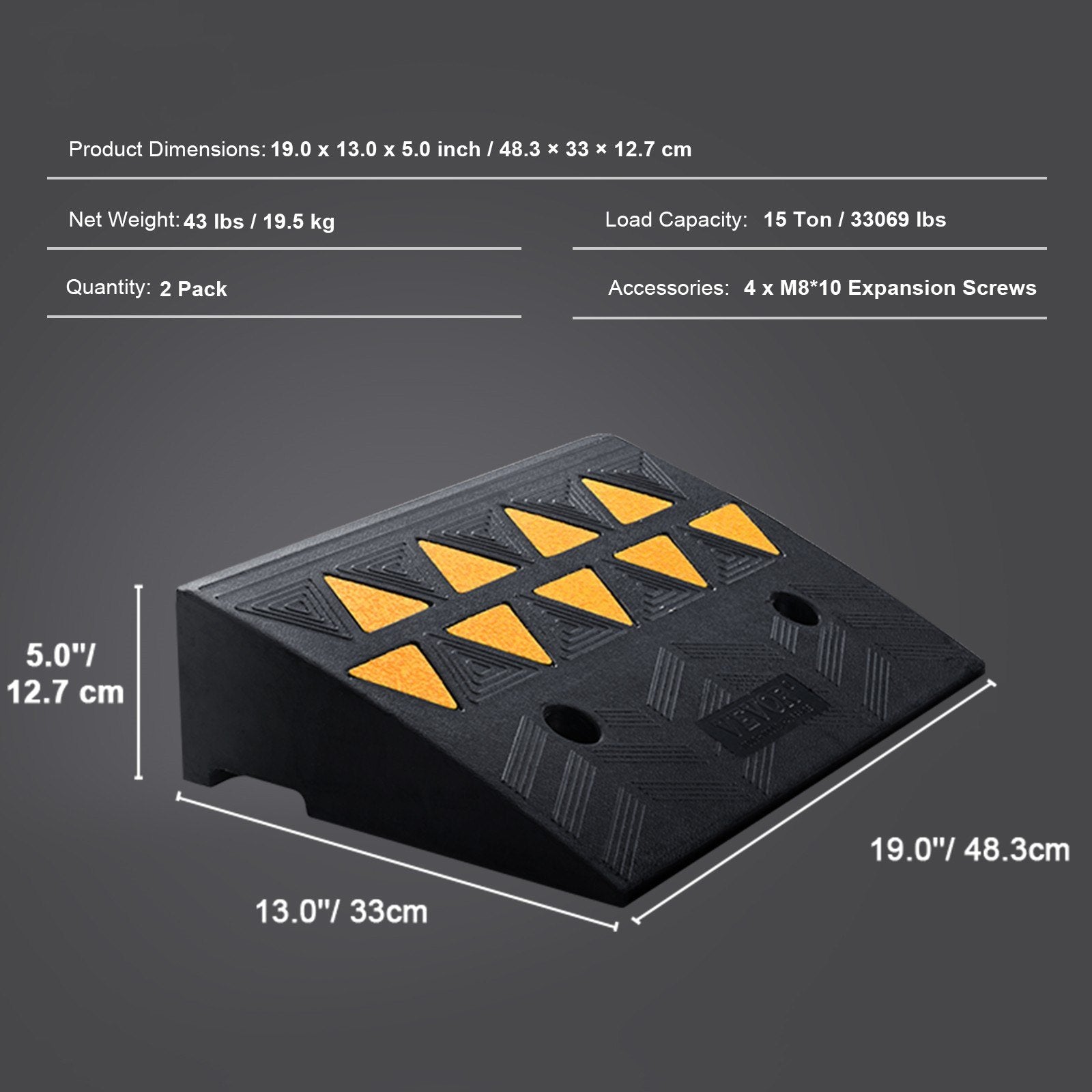 VEVOR Rubber Curb Ramp 2 Pack, 12.7 cm Rise Height Heavy-Duty 15 tons Load Capacity Threshold Ramps, Driveway Ramps with Stable Grid Structure for Cars, Wheelchairs, Bikes, Motorcycles 7