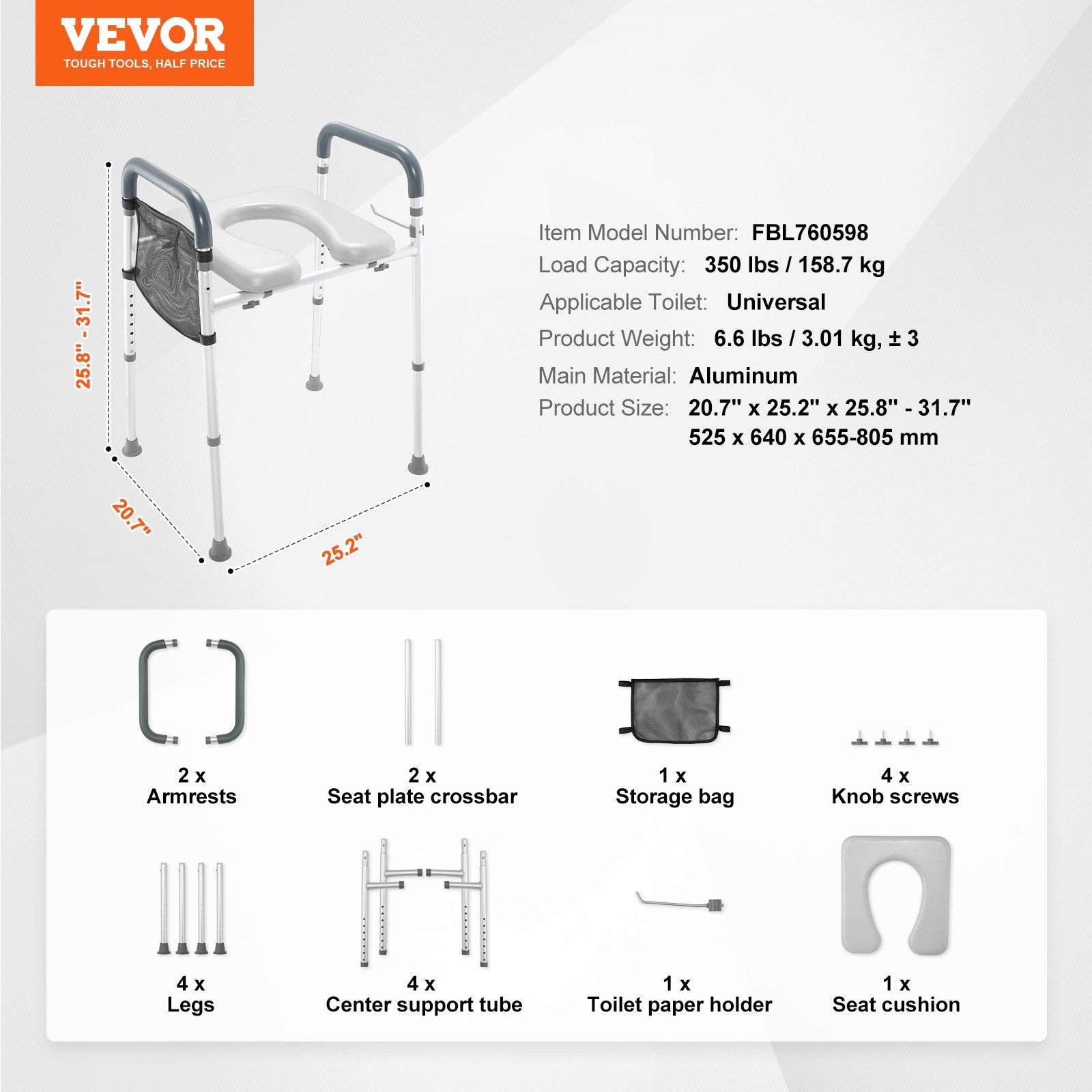 VEVOR Raised Toilet Seat, 7-Position Height Adjustment 655-805 Mm, 158.7 kg Weight Capacity, with Comfort Padded Aluminum Frame, Universal Toilet Seat Riser, for Elderly, Handicap, Pregnant, Medical 7