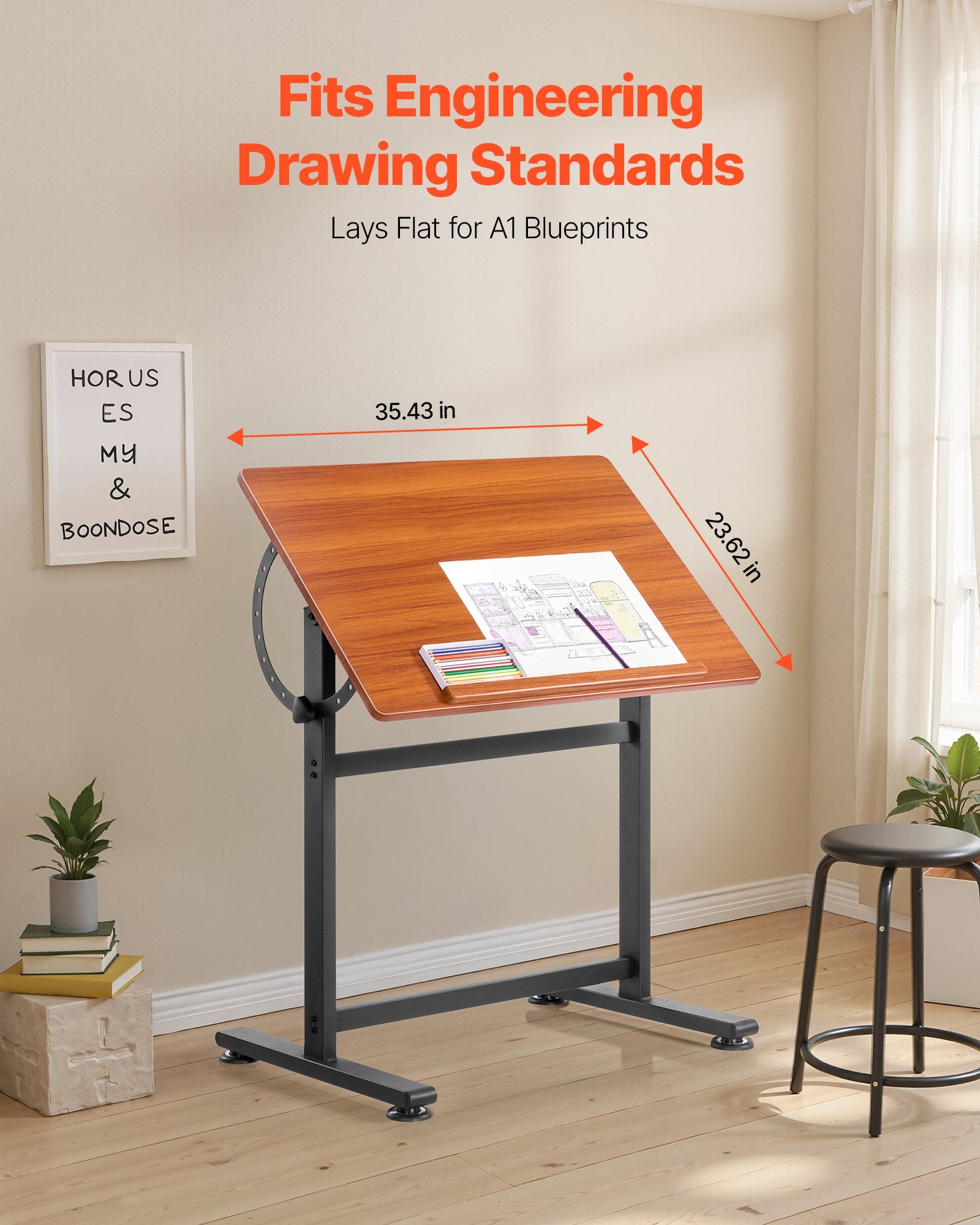 VEVOR Drafting Table Adjustable 0°–90° Tilt Wooden Drawing Desk with H-Frame 3