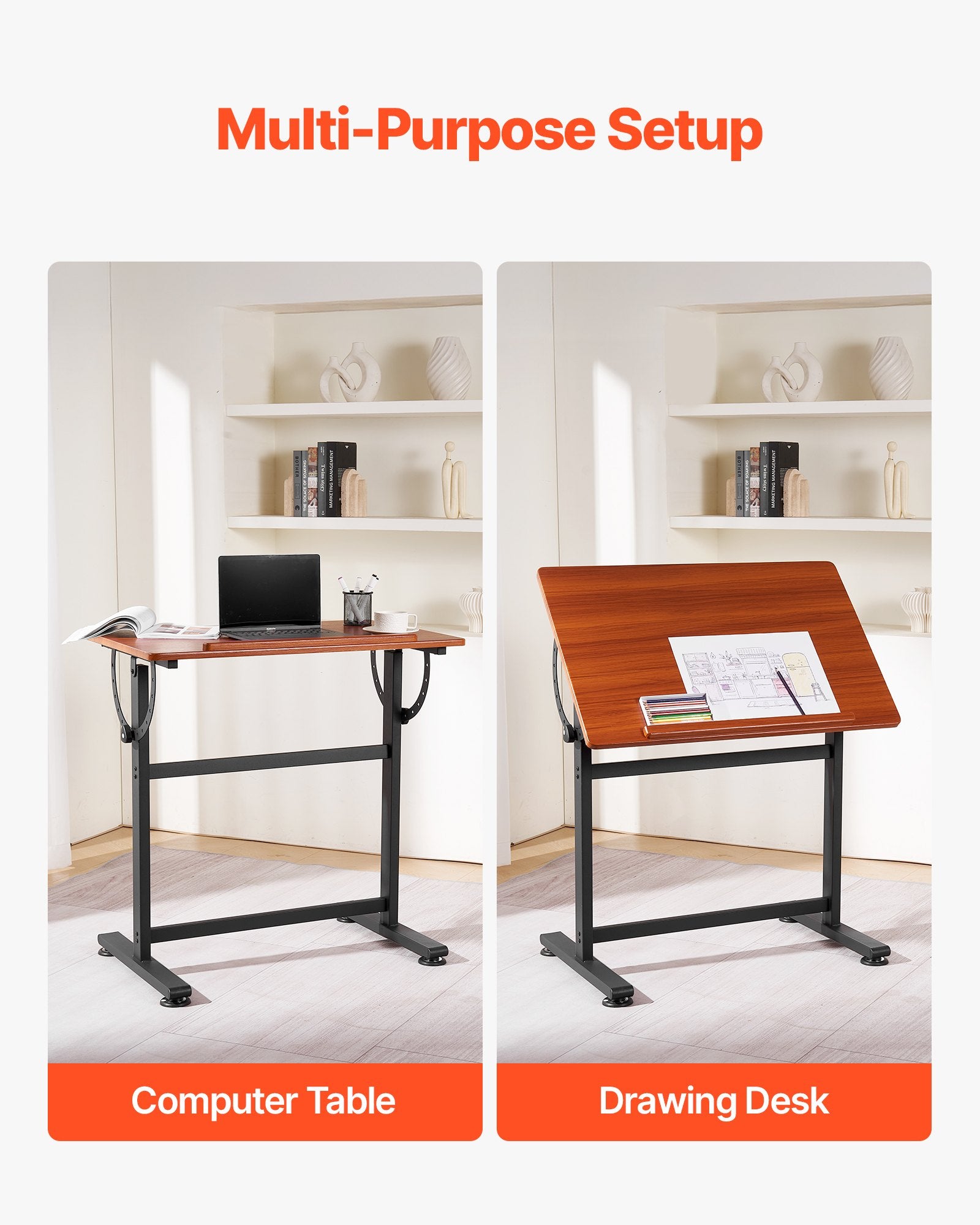 VEVOR Drafting Table Adjustable 0°–90° Tilt Wooden Drawing Desk with H-Frame 6