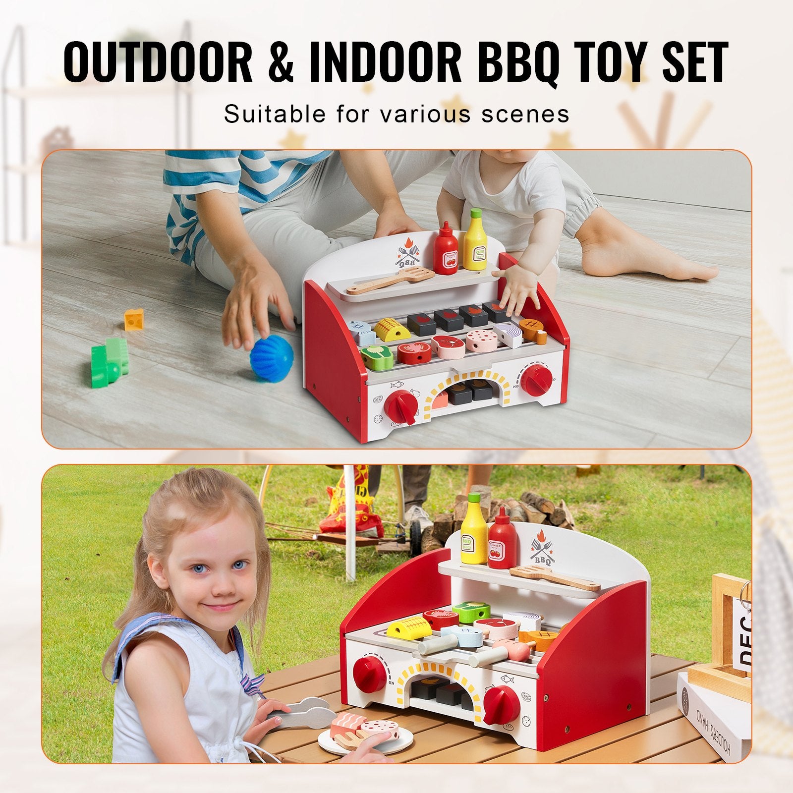VEVOR 26 PCS Kids BBQ Grill Playset Wooden Cooking Grill Toy Set Pretend Sound 4