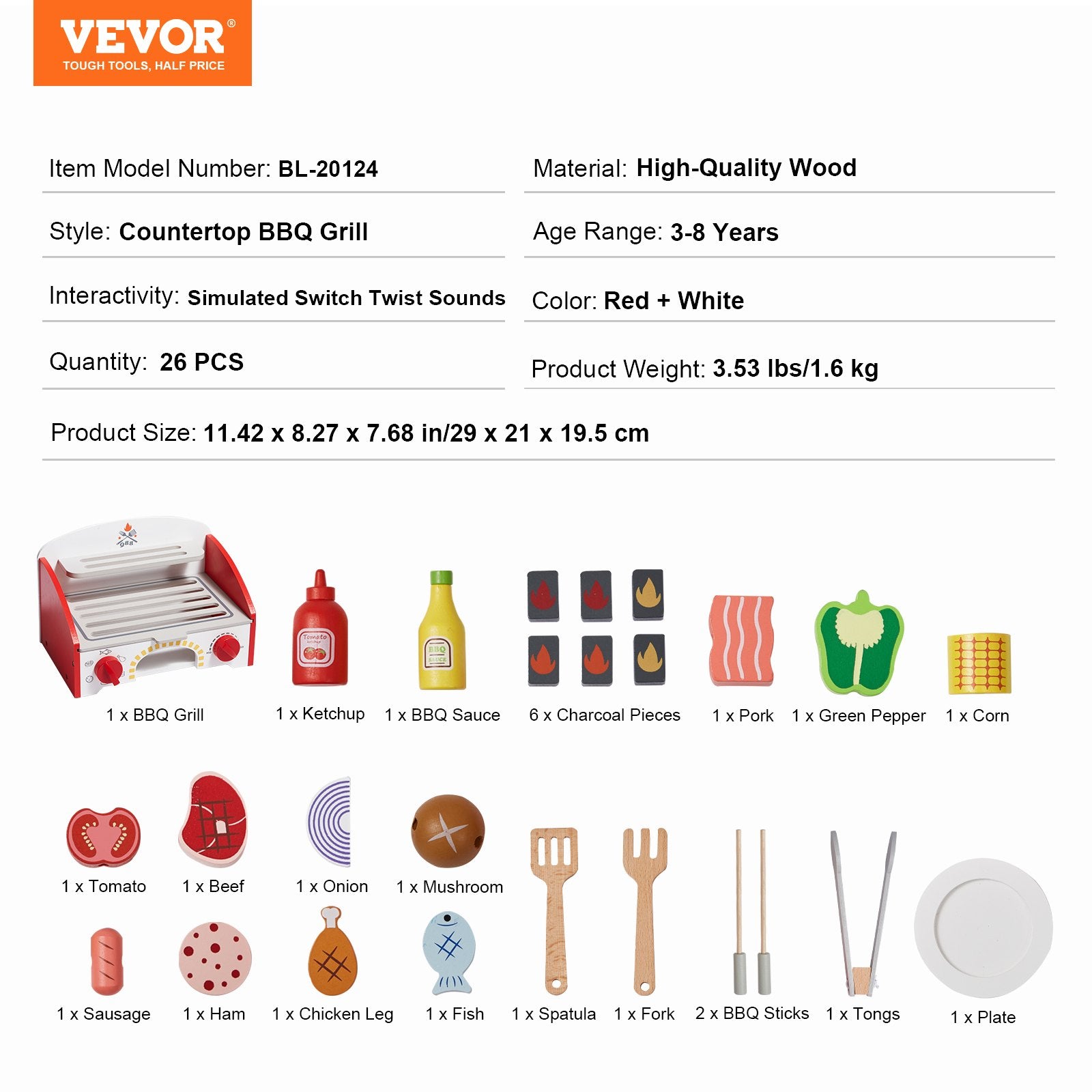 VEVOR 26 PCS Kids BBQ Grill Playset Wooden Cooking Grill Toy Set Pretend Sound 5