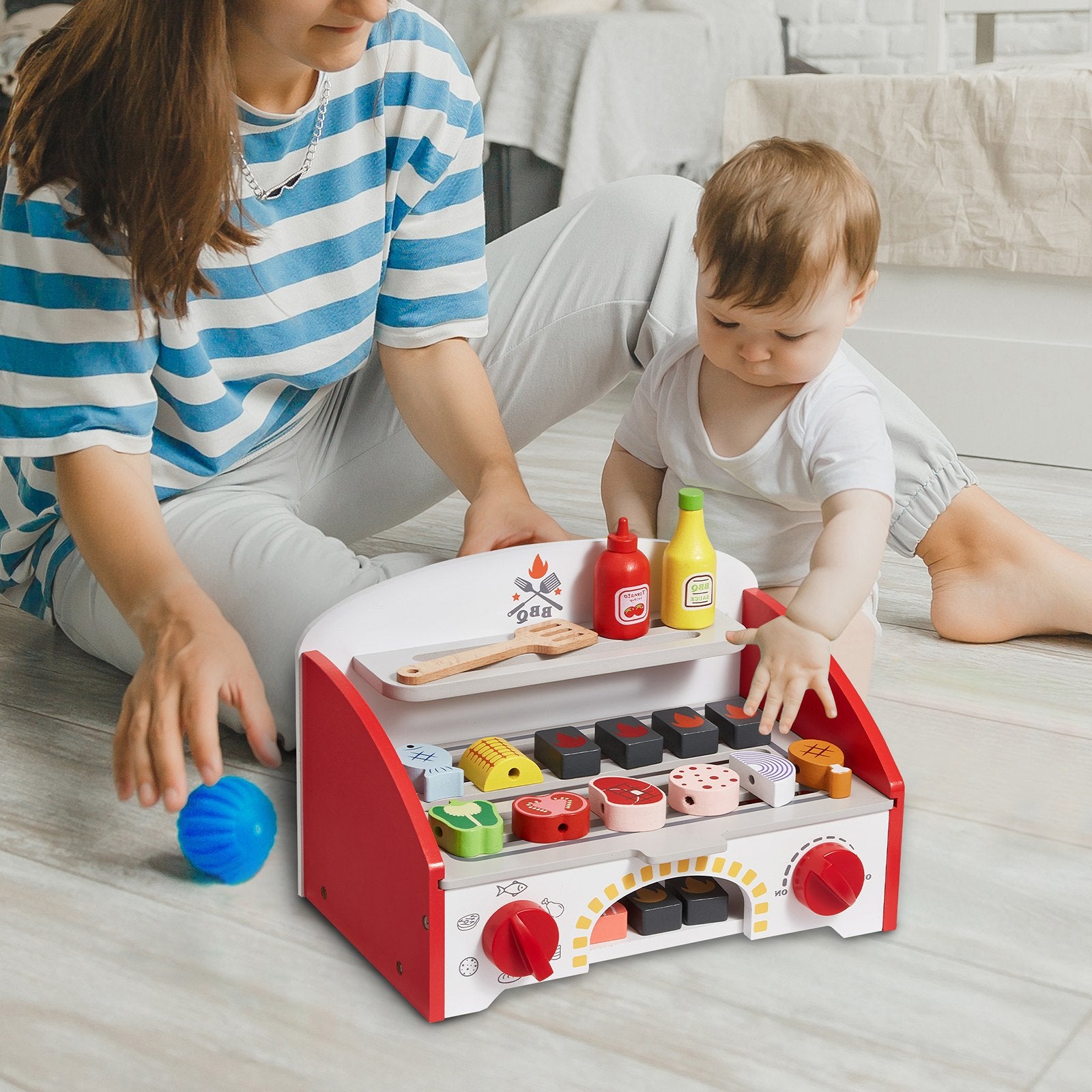 VEVOR 26 PCS Kids BBQ Grill Playset Wooden Cooking Grill Toy Set Pretend Sound 6