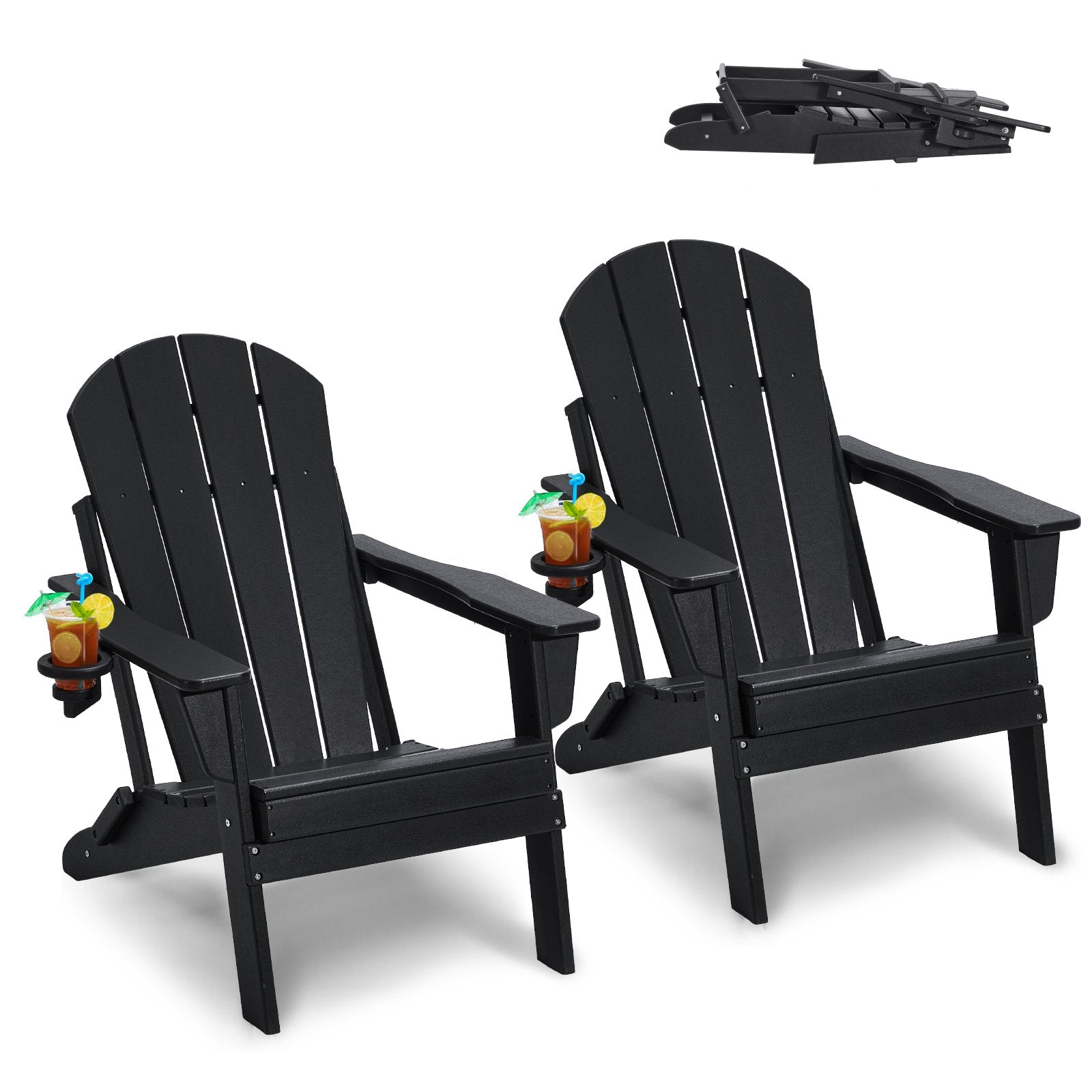 VEVOR Adirondack Chair Plastic, Set of 2 All-Weather Portable Folding Fire Pit Chair, Outdoor Adirondack Patio Chair with Cup Holder, with Relaxing Arm Rest Ergonomic, for Garden, Backyard - Black
