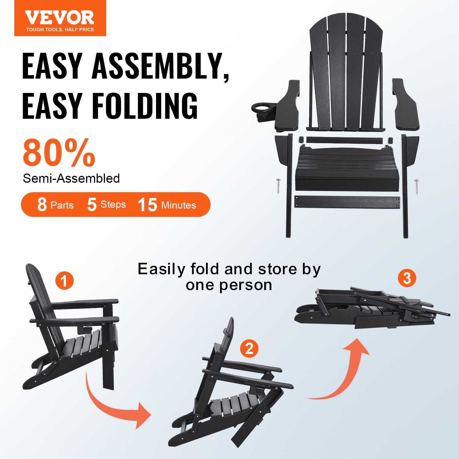 VEVOR Adirondack Chair Plastic, Set of 2 All-Weather Portable Folding Fire Pit Chair, Outdoor Adirondack Patio Chair with Cup Holder, with Relaxing Arm Rest Ergonomic, for Garden, Backyard - Black