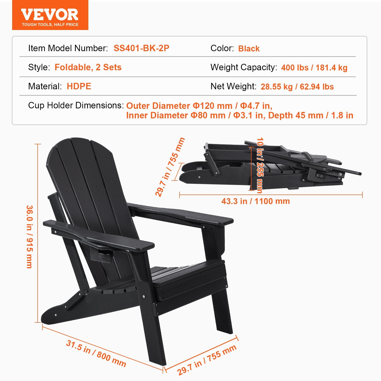 VEVOR Adirondack Chair Plastic, Set of 2 All-Weather Portable Folding Fire Pit Chair, Outdoor Adirondack Patio Chair with Cup Holder, with Relaxing Arm Rest Ergonomic, for Garden, Backyard - Black 7