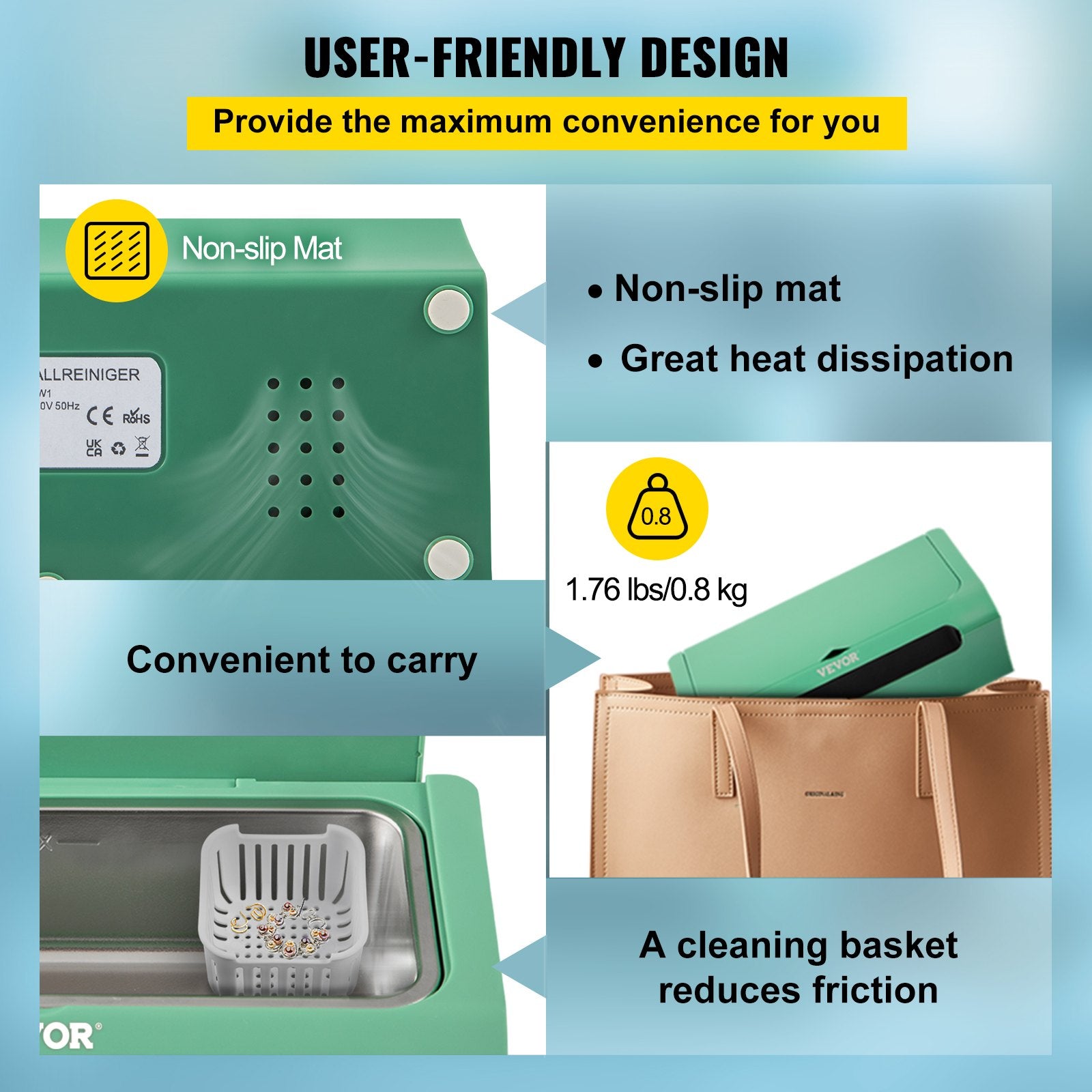 VEVOR Ultrasonic Cleaner Ultrasound Cleaning Machine 500ML Green for Jewelry 5