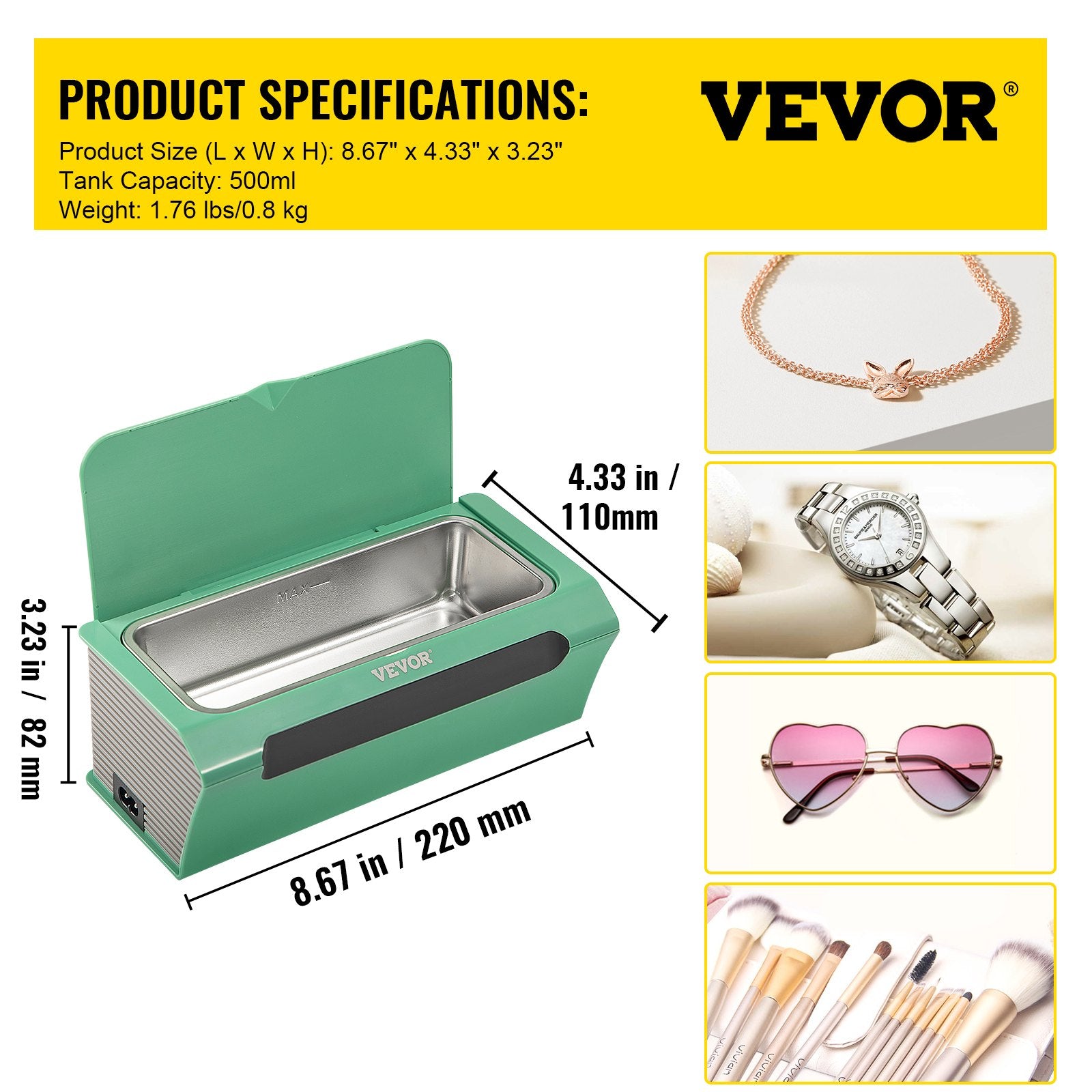 VEVOR Ultrasonic Cleaner Ultrasound Cleaning Machine 500ML Green for Jewelry 7