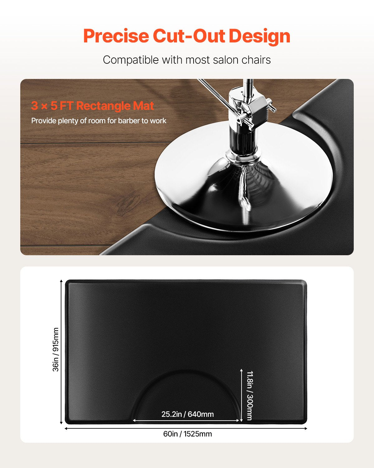 VEVOR Salon Mat for Hair Stylist, 1525 x 915 mm Rectangle Salon Chair Mat Anti Fatigue, 23mm Thickened PVC + PU Barber Shop Floor Mat with Round Cut Out, Anti-Trip Beveled Edges & Non-slip Bottom 4