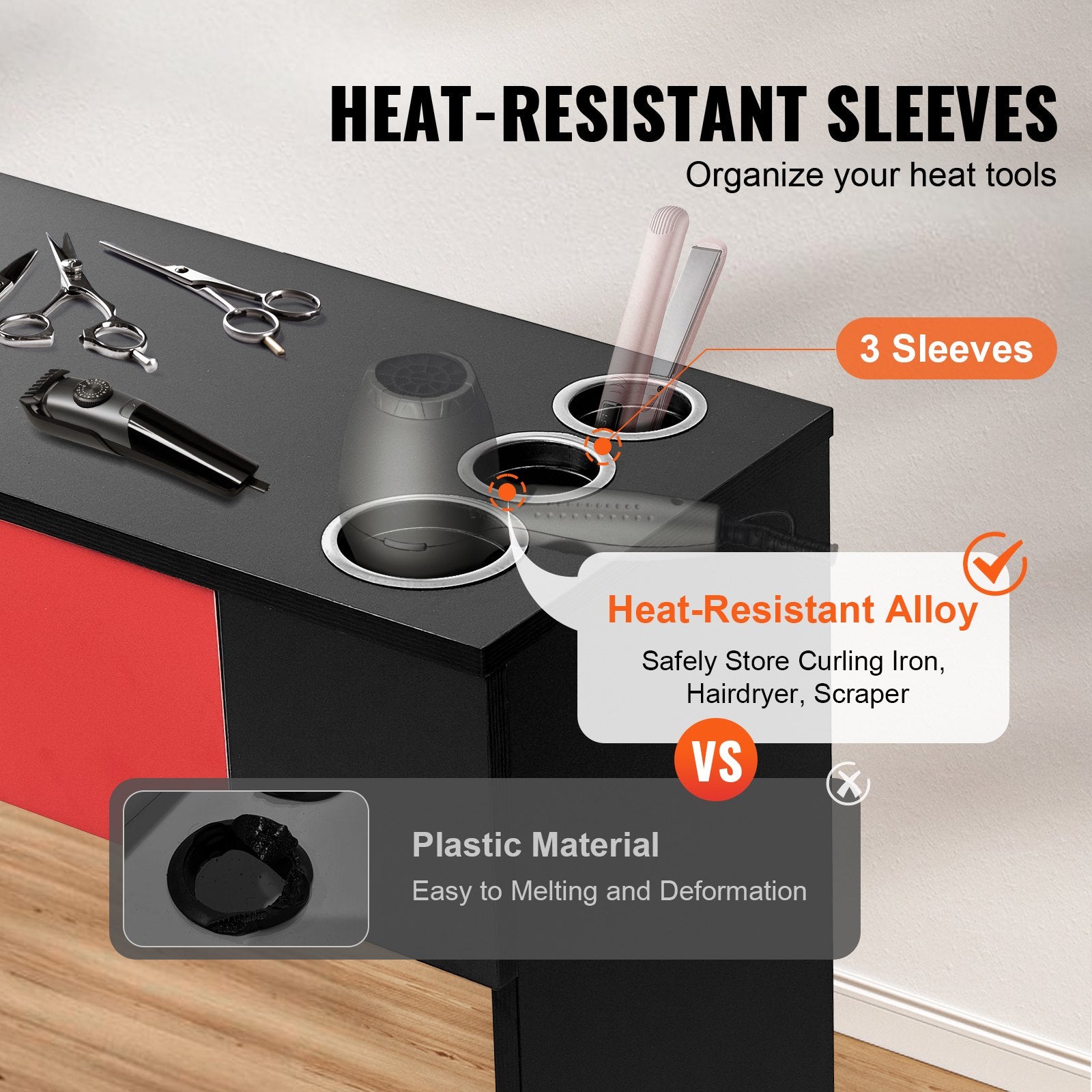 VEVOR Salon Station, Wall Mount Barber Salon Station for Hair Stylist, Beauty Spa Furniture Set, 1 Storage Cabinet, 3 Cubbies and 2 Drawers(One Lockable), Black and Red 4